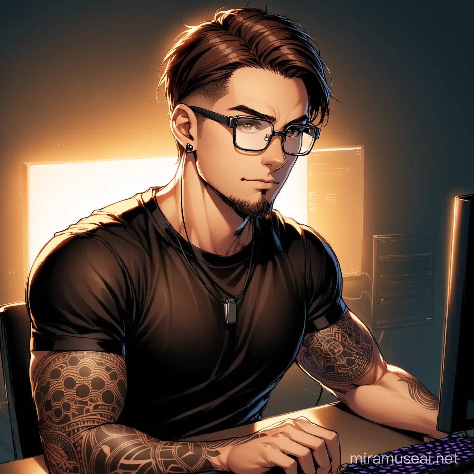 Nerdy Mid30s Guy with Square Glasses Working on Computer