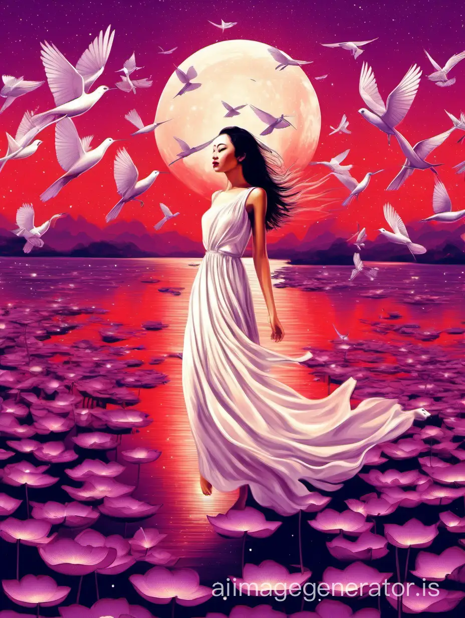 a girl with cream dress in wind on lotus lake .
red sunset in galaxy purple sky.
white peace birds. in collage style. vintage theme
