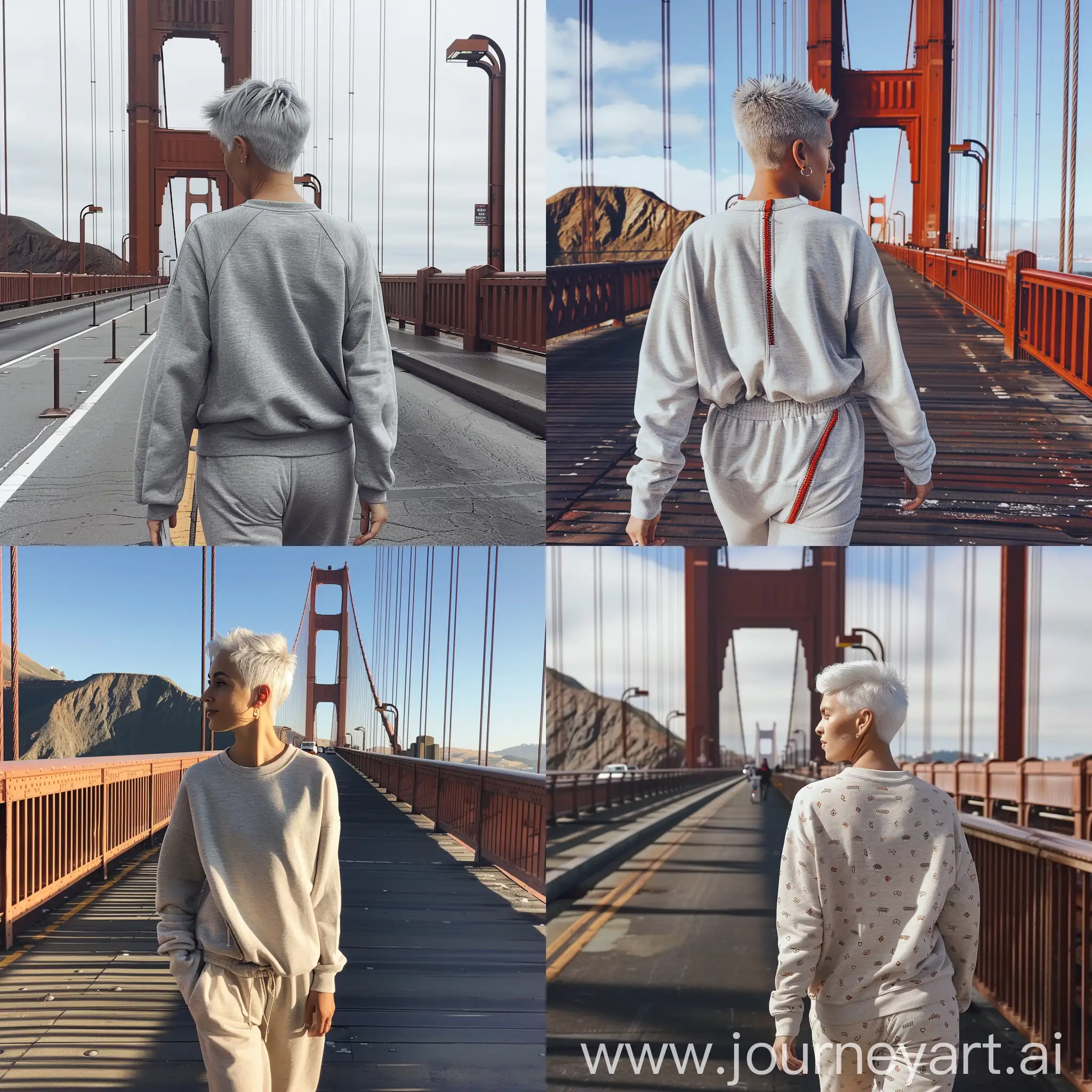 Elegant-Woman-with-Short-Silver-Hair-Walking-on-Golden-Gate-Bridge