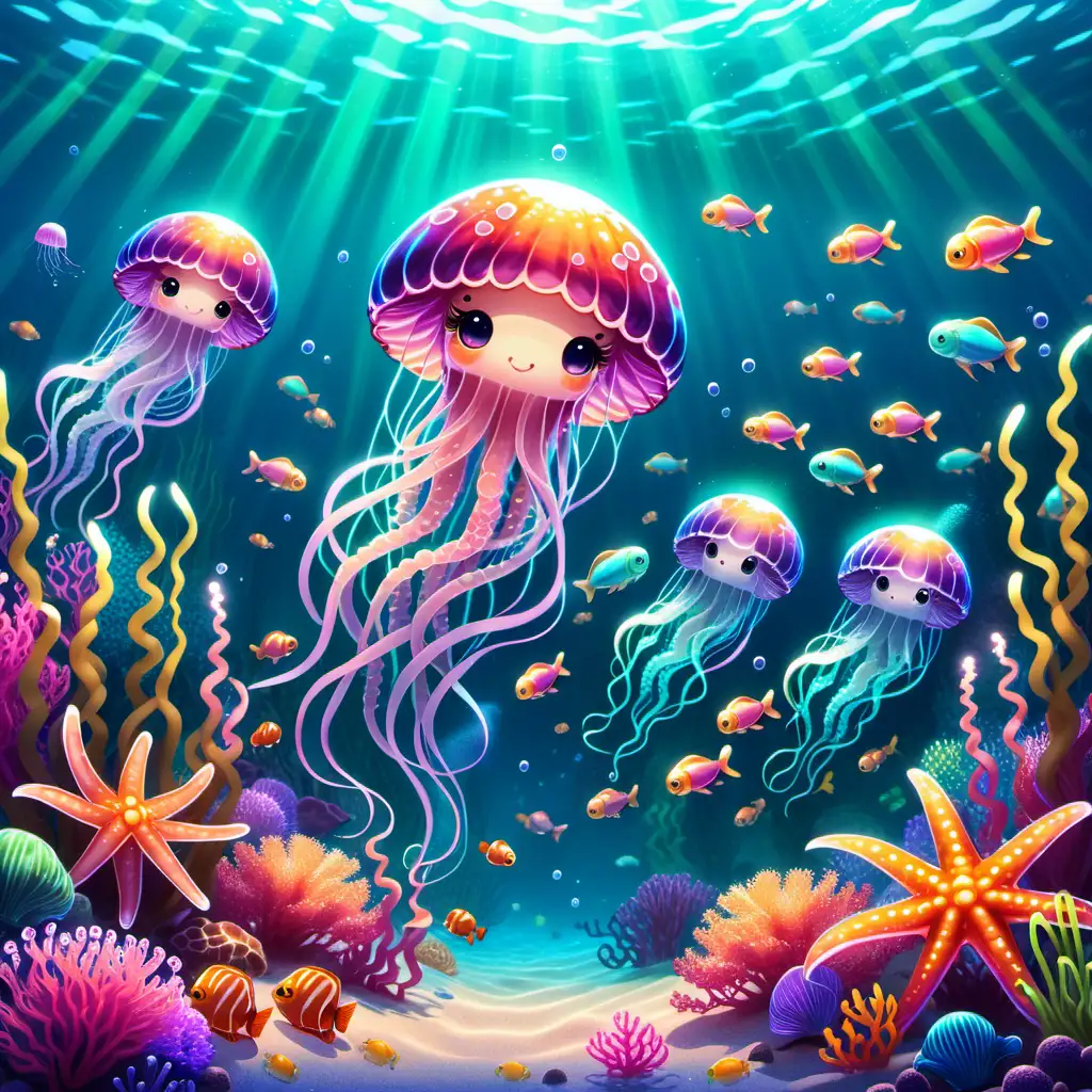 kawaii style, illustration,
Unterwasserparadies, das von leuchtenden Quallen und bunten Seegraswiesen bevölkert wird. fische, krakke und seestern 