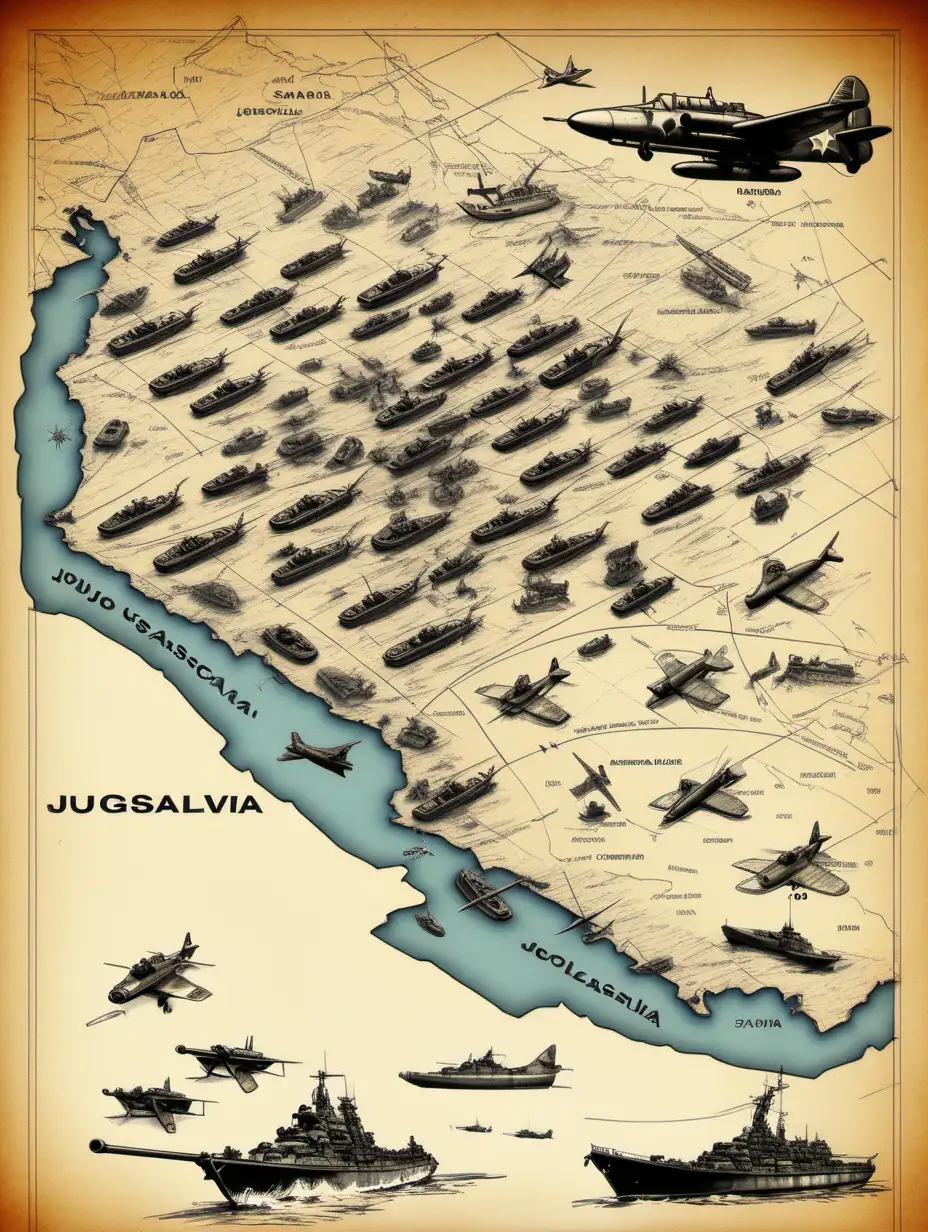 Yugoslavia map with tanks and war planes, war ships sketch