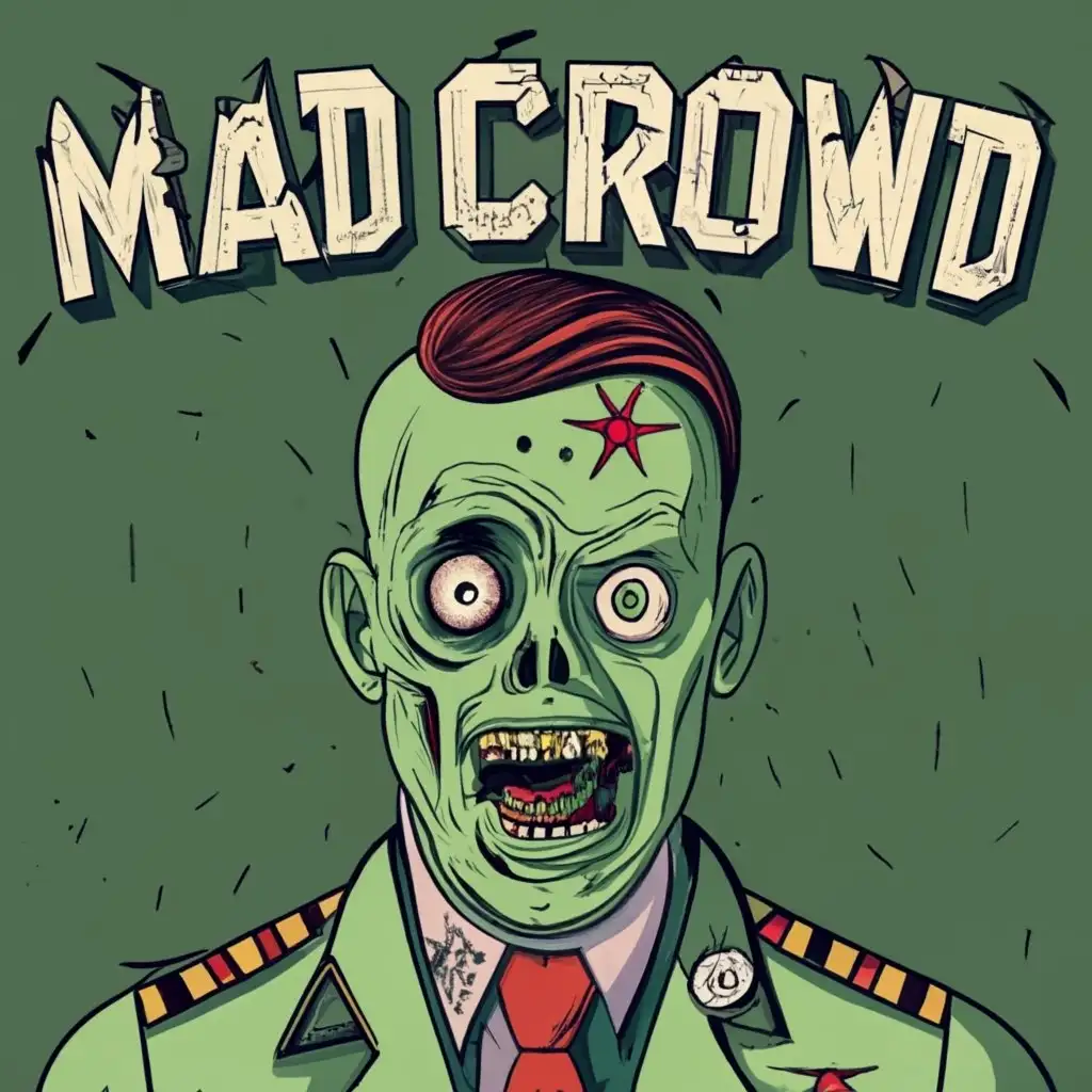 logo, The man who leads the fascist army is a zombie, with the text "Mad Crowd", typography