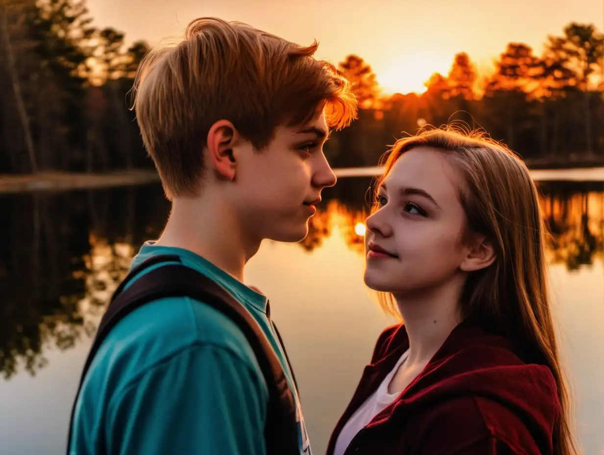 Teenage Couple Gazing Lovingly at Sunset Lake