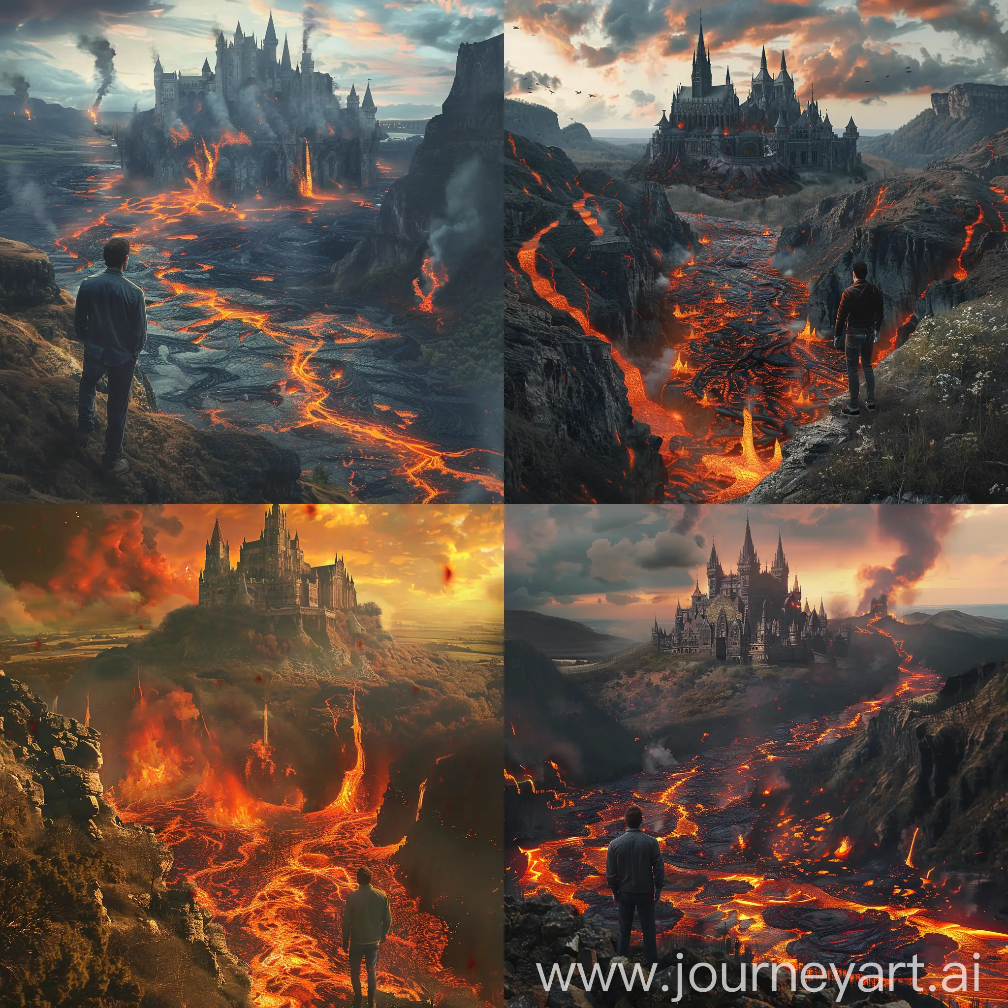 A man standing in the edge of hill looking at a very beautiful castle on the horizon, separated by the big valley contains sea of lava and fire, theres no way to go to the castle, dramatic, realistic