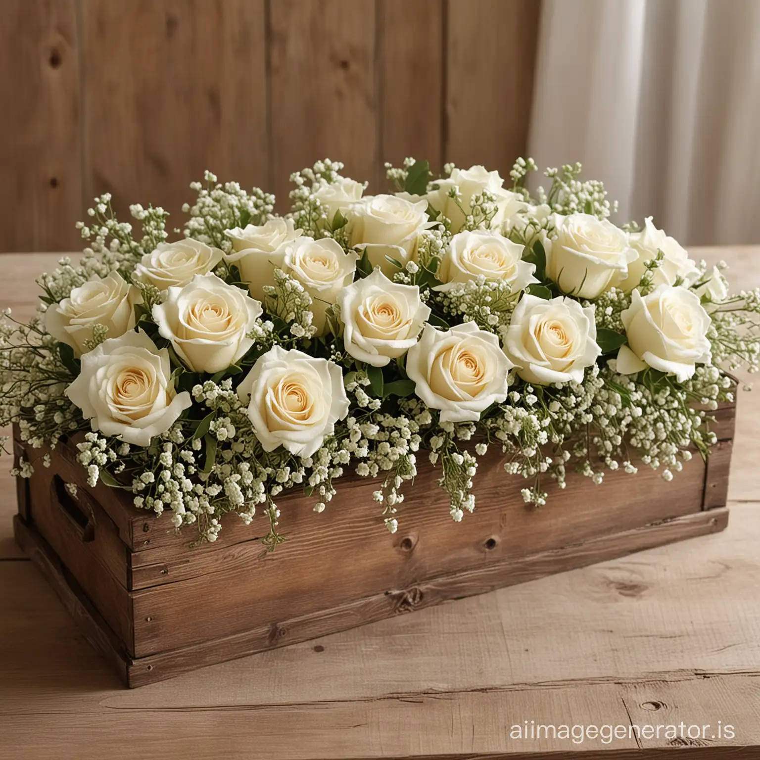 Create an image of a rustic centerpiece featuring a vintage wooden box or tray. The box should appear aged and weathered, filled with lush ivory roses and delicate sprigs of baby's breath. This arrangement should evoke a sense of rustic elegance, ideal for a vintage-themed setting. The overall composition should highlight the contrast between the rough, textured wood and the soft, delicate blooms, capturing a warm and inviting atmosphere.