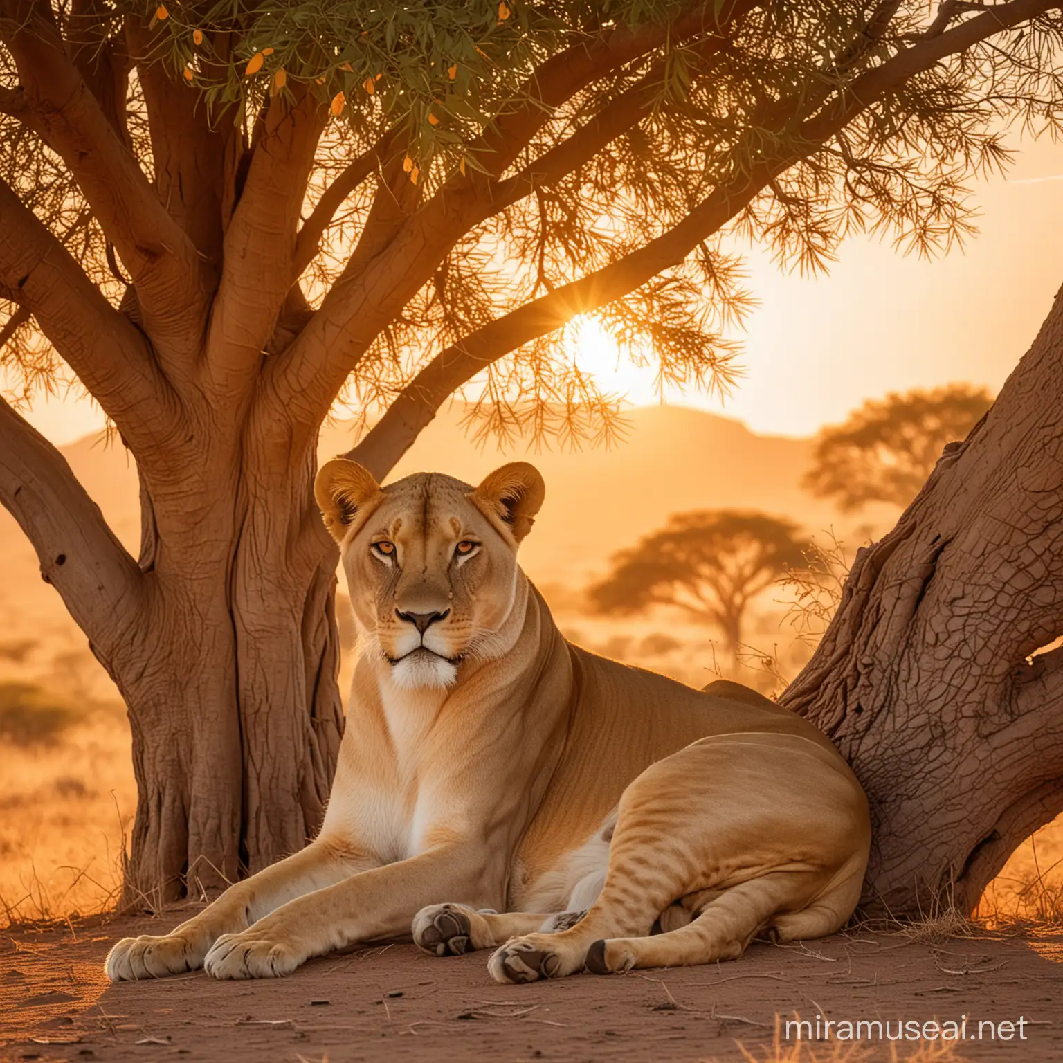 Lioness at Rest Under Acacia Tree at Sunset with Warm Orange Tones