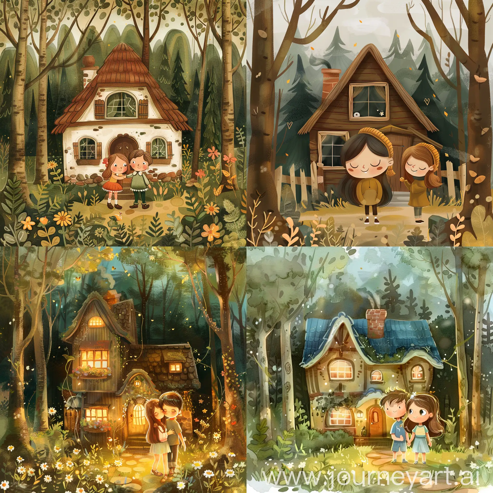 Une fille et une garçon amoureux devant leur maison dans la forêt