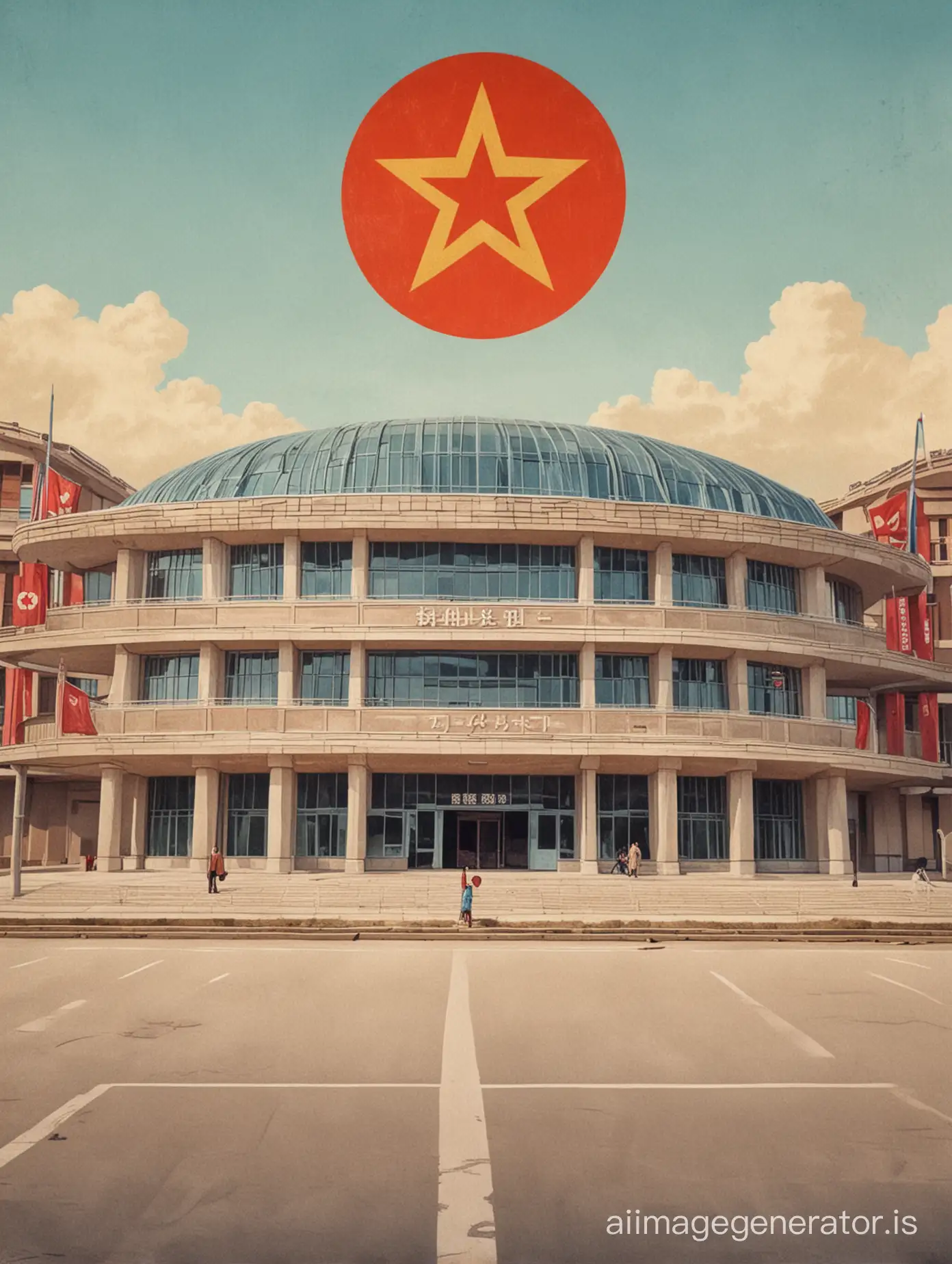 a gym fitness centre building in North Korea in communist poster artwork style