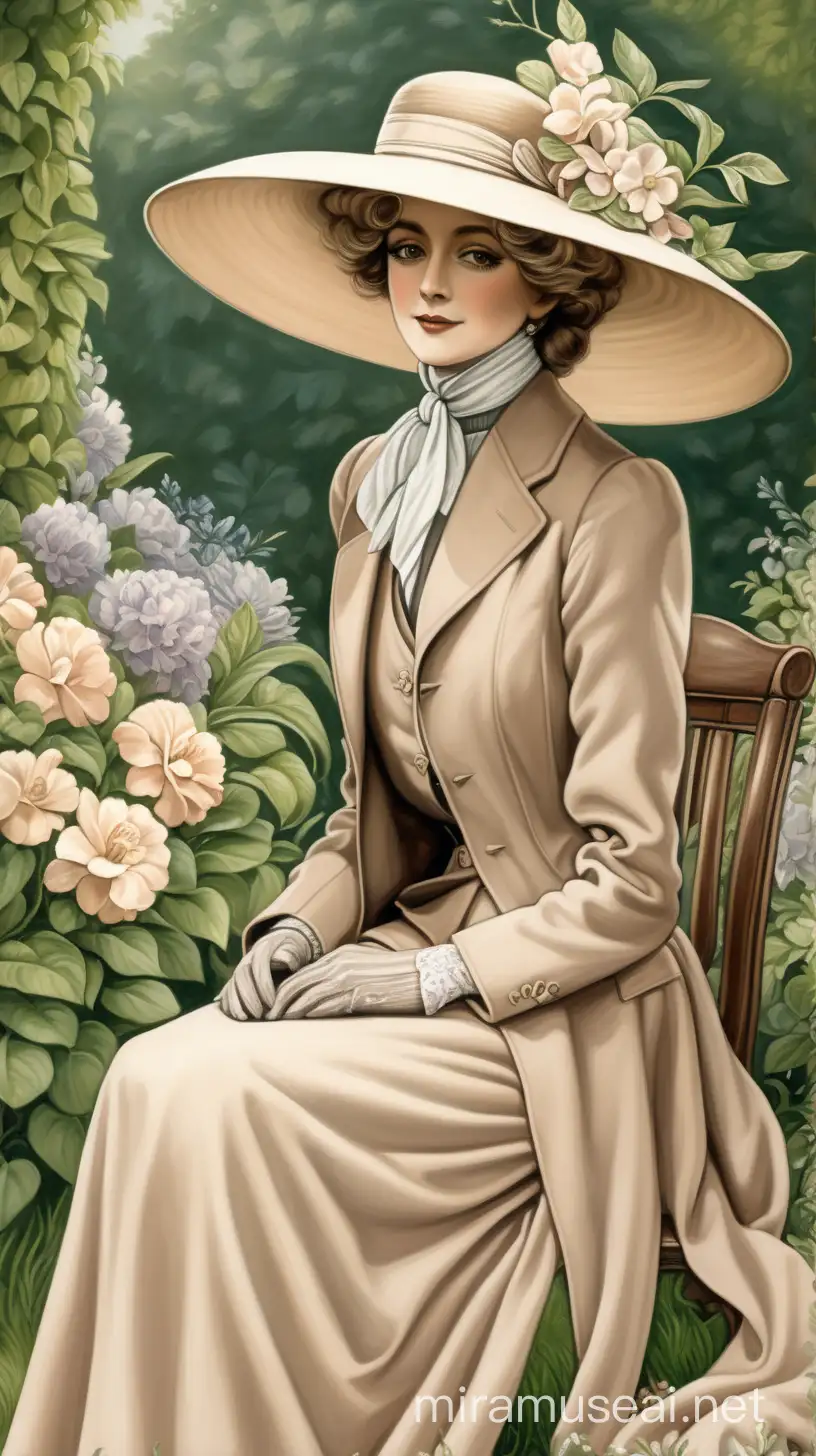 Create an AI drawing of an mature Edwardian lady sitting in her garden, surrounded by lush greenery and blooming flowers. She is elegantly dressed in a long, tailored duster coat in beige, with a matching wide-brimmed hat adorned with a simple ribbon. Tinted goggles rest atop her hat, and a large scarf or veil is draped over it, tied securely under her chin. She wears a tailored blouse with a high neckline and long sleeves, paired with a long, straight skirt. The scene should evoke the tranquility and sophistication of the Edwardian era.