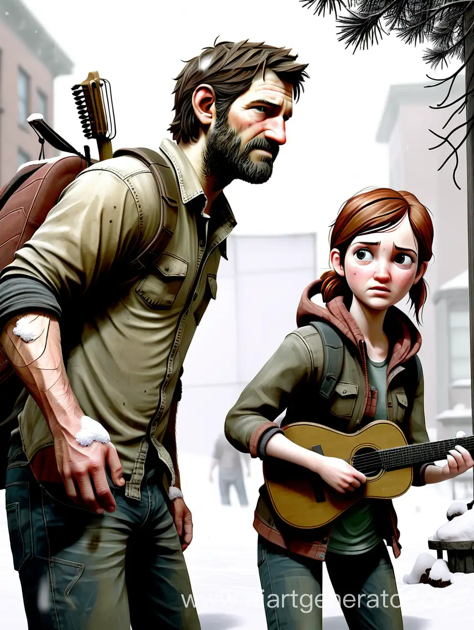 joel and ellie the last of us playing in the snow