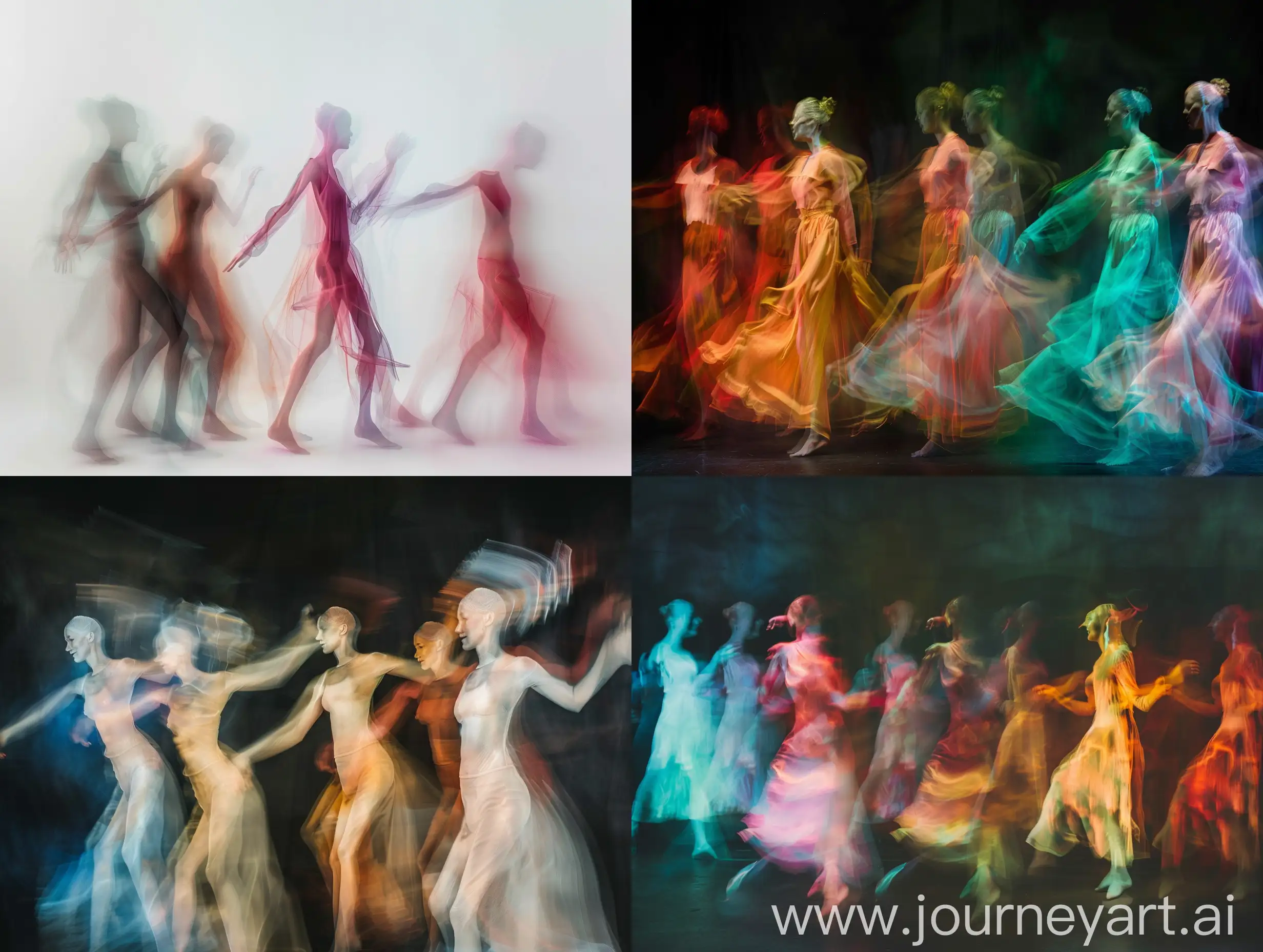Dancing figures in the style of blurred forms, abstracted figurative forms, photography installations, elongated forms, shaped canvas, soft focus, color photography