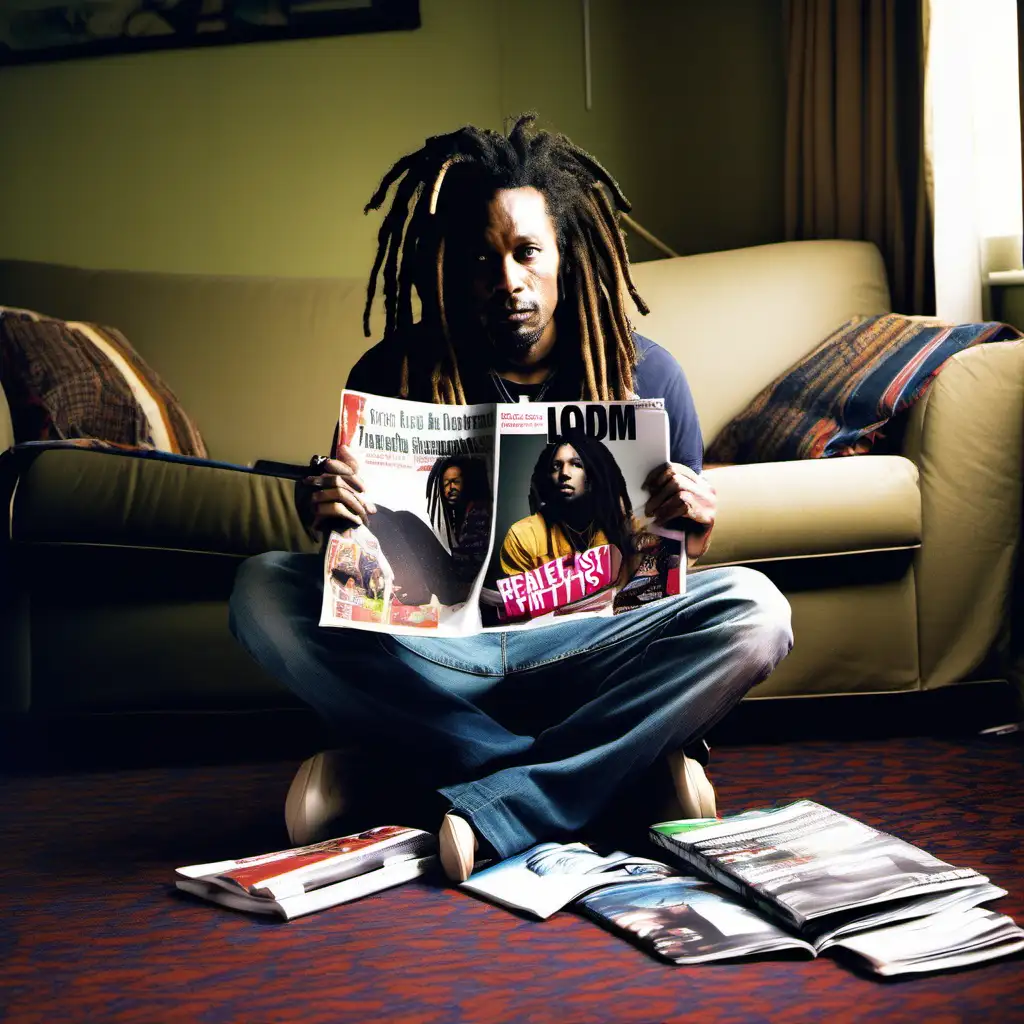 A musician with dreadlocks. He is 38 years old. He is in a messy lounge room. He is holding a magazine cover A4 size.