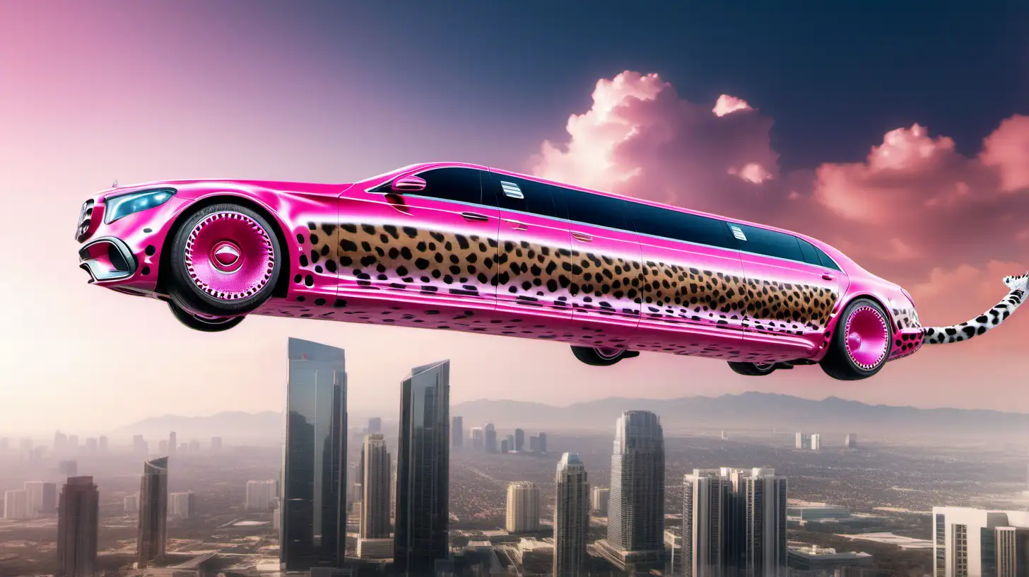 Futuristic pink and Leopard painted mercedes limousine flying in the sky over Century City
 -s10