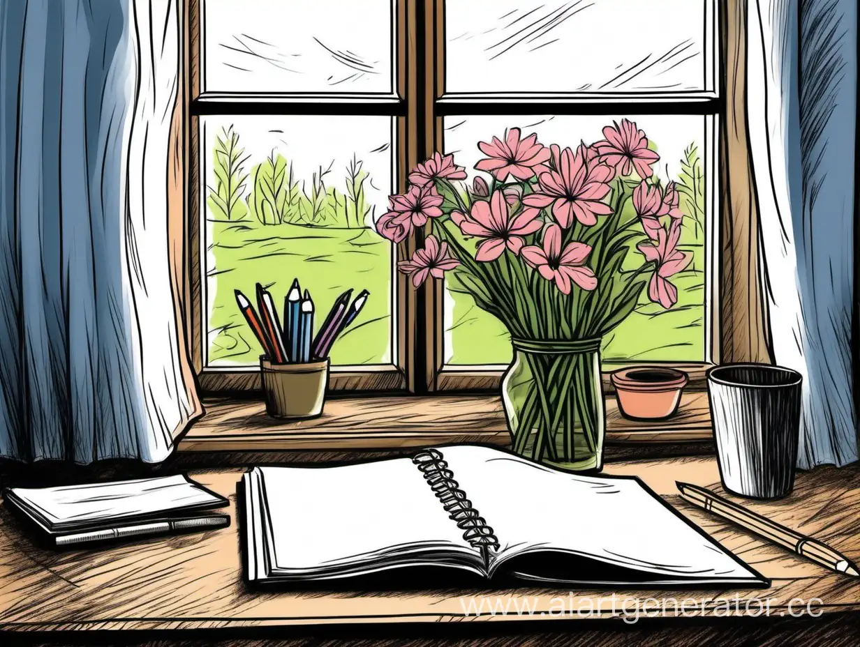 Цветы и блокнот на столе перед окном. Весна. рисунок