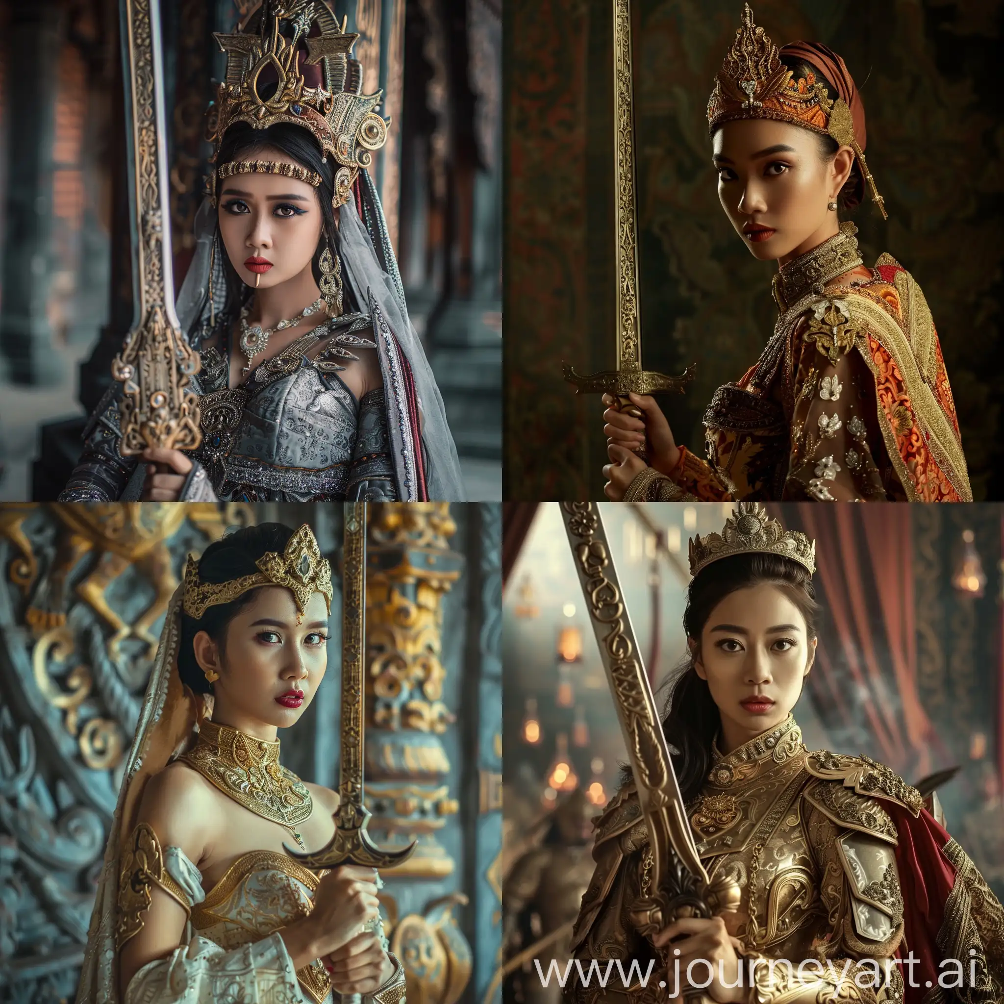 a beautiful woman from the Indonesian Majapahit kingdom, dressed as a knight, holding a sword, Movie style, 
