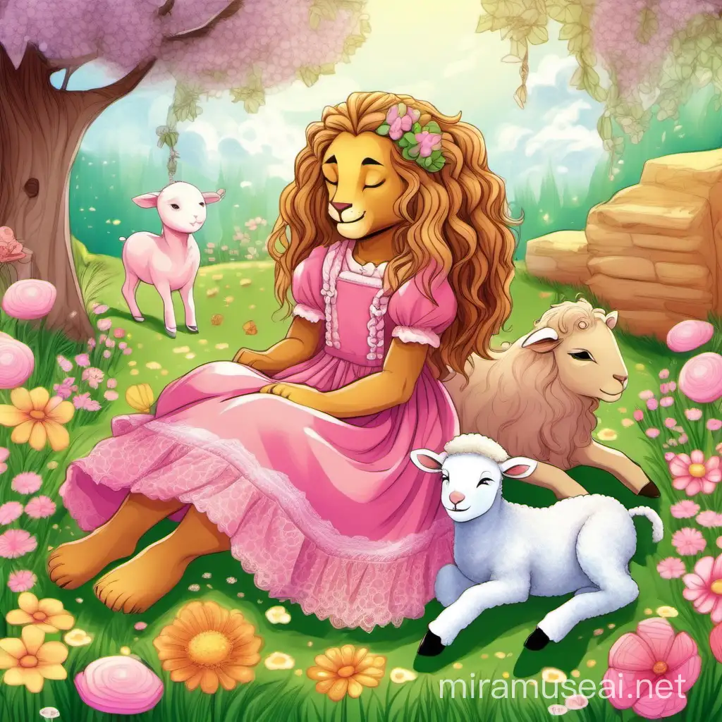Весенний райский сад. На поляне сидит большой  лев, а рядом спит маленький ягнёнок. Рядом играет красивая девочка в розовом платье с кружевами и бантиками. Волосы заплетены в косички. Вокруг цветут цветы.