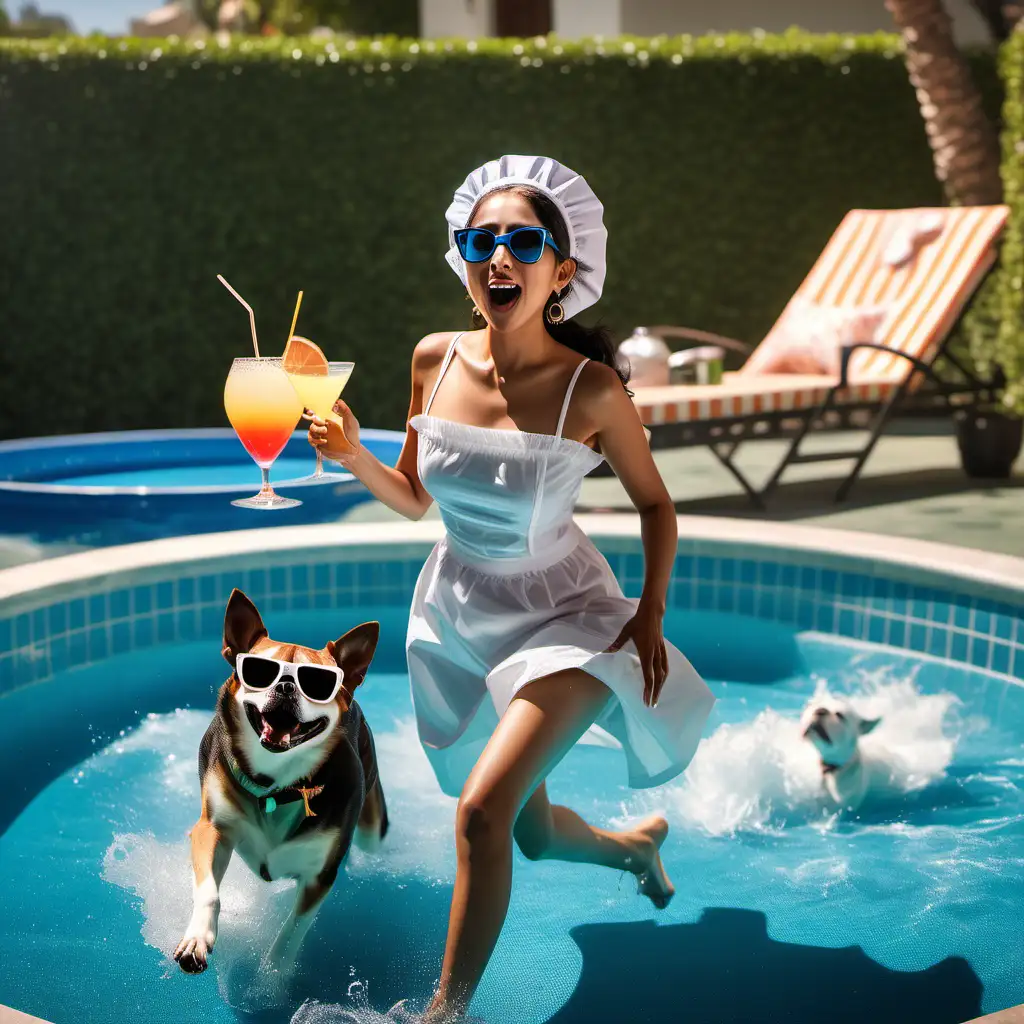 Young Mexican maid is runnign after a dog and she is trying to stop it from peeing in the pool in Hollywood mansion. Another dog with sunglasses on is lying in the sunbed and the dog is drinking a cocktail. Other dogs are playing around.