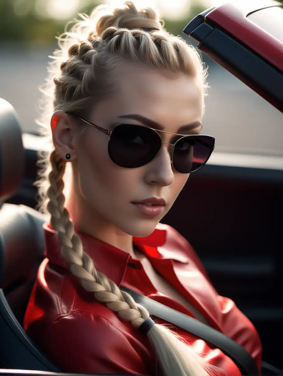 Beautiful Nordic woman, very attractive face, detailed eyes, perfect breasts, slim body, dark eye shadow, blonde hair in a long Mohawk braid, small black Gucci sunglasses, bokeh background, soft light on face, rim lighting, facing away from camera, looking back over her shoulder, sitting in the driver’s seat of a red Ferrari, photorealistic, very high detail, extra wide photo, full body photo, aerial photo