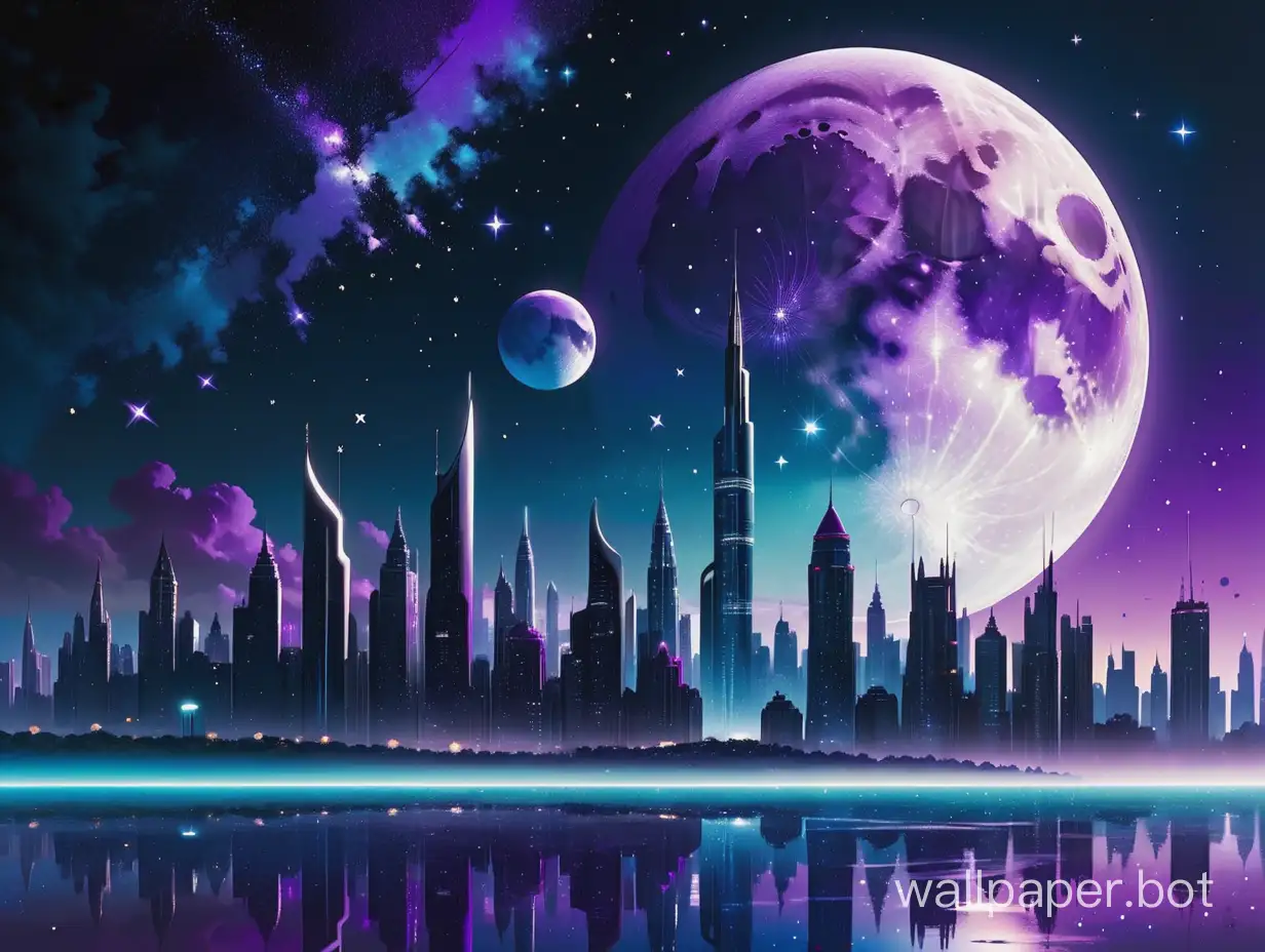 Futuristic-Skyline-with-Large-Moon-and-Stars-Nighttime-Cityscape-in-Blue-and-Purple-Hues