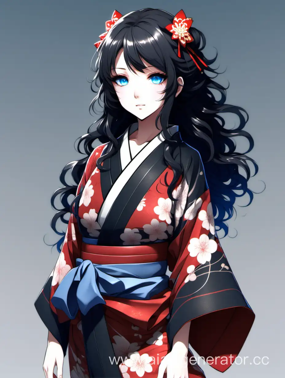 девушка аниме с черными волнистыми волосами, голубыми глазами. в черно-красном кимоно.