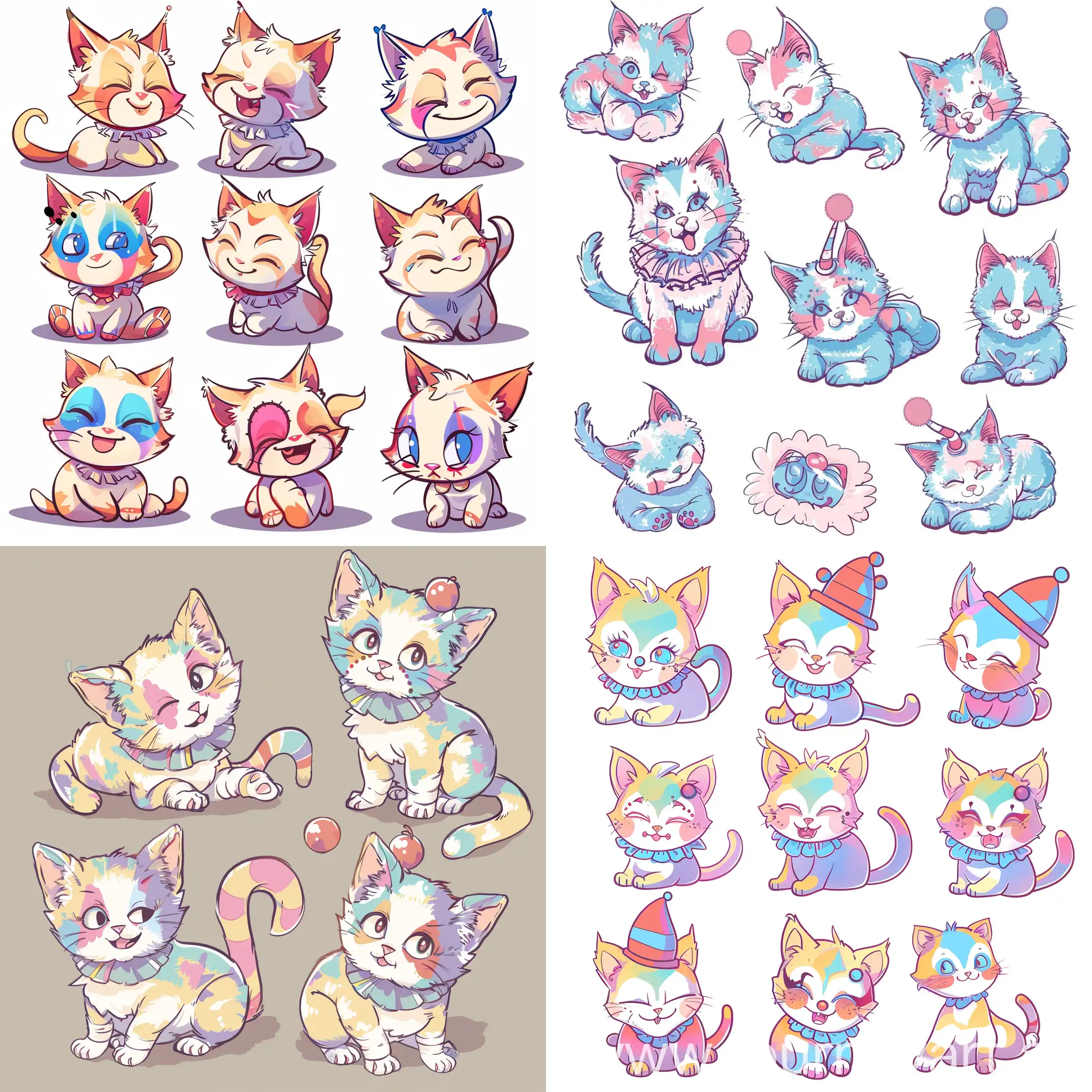 cute kitten with clown makeup pastel colors mood multiple poses cartoon character hand drawing style