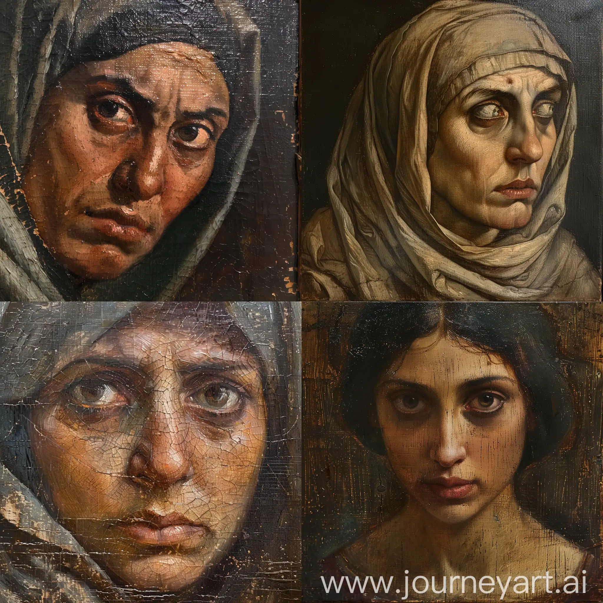 An Anatolian Greek woman. She looks very shady and her eyes have an evil sense to them. She also has a crooked nose. Ottoman period. Islamic Renaissance style, Leonardo Davinci style, very detailed, oil painting.