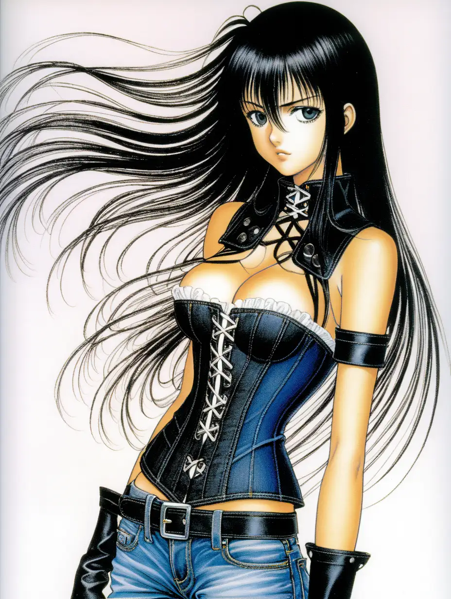 Fashionable Manga Cover Model in Corset Black Hair and Jeans