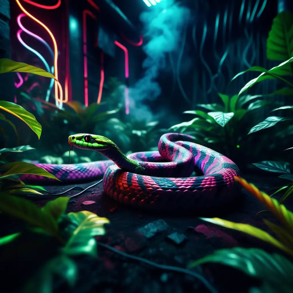 Vivid Mystery Snake in Cyber Jungle Neon Lights and Multicolor Smoke
