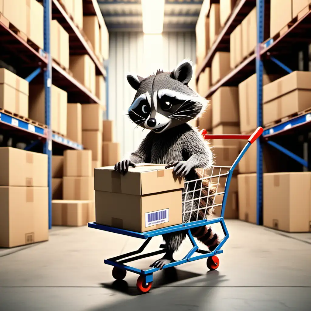 Cartoon style raccoon pushing a cart of boxes. Setting warehouse 