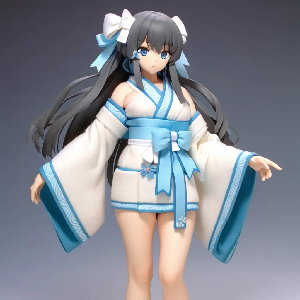 needle felt sculpture, full body view, yumi \(senran kagura\)_kimono ,yumi(senran kagura), senran kagura, dark gray hair, medium hair, parted bangs, light blue eyes, big breasts,(((white kimono with a light blue double-lined trim))), ((white ribbon behind head)), ((hair bow)),((off her shoulders)), white socks, flip flops, thick thighs, voluptuous body, curvy, large breasts, thick thighs