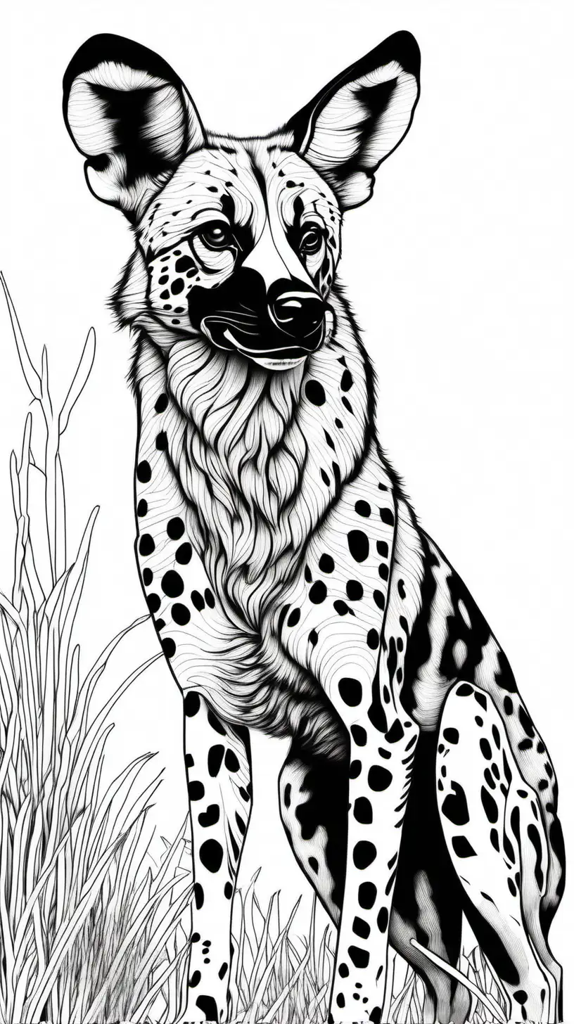 coloring page for adults, African Wild Dog, low detail, no shade