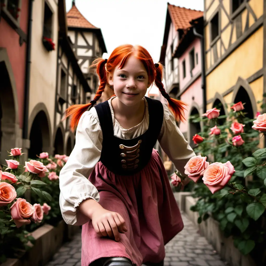 Pippi Longstocking in a medieval city of roses. 
