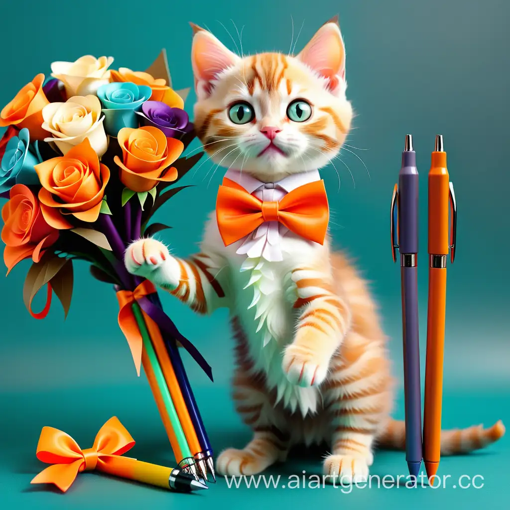 Adorable-Kitten-in-Orange-Bow-Tie-with-Colorful-Craft-Pen-Bouquet