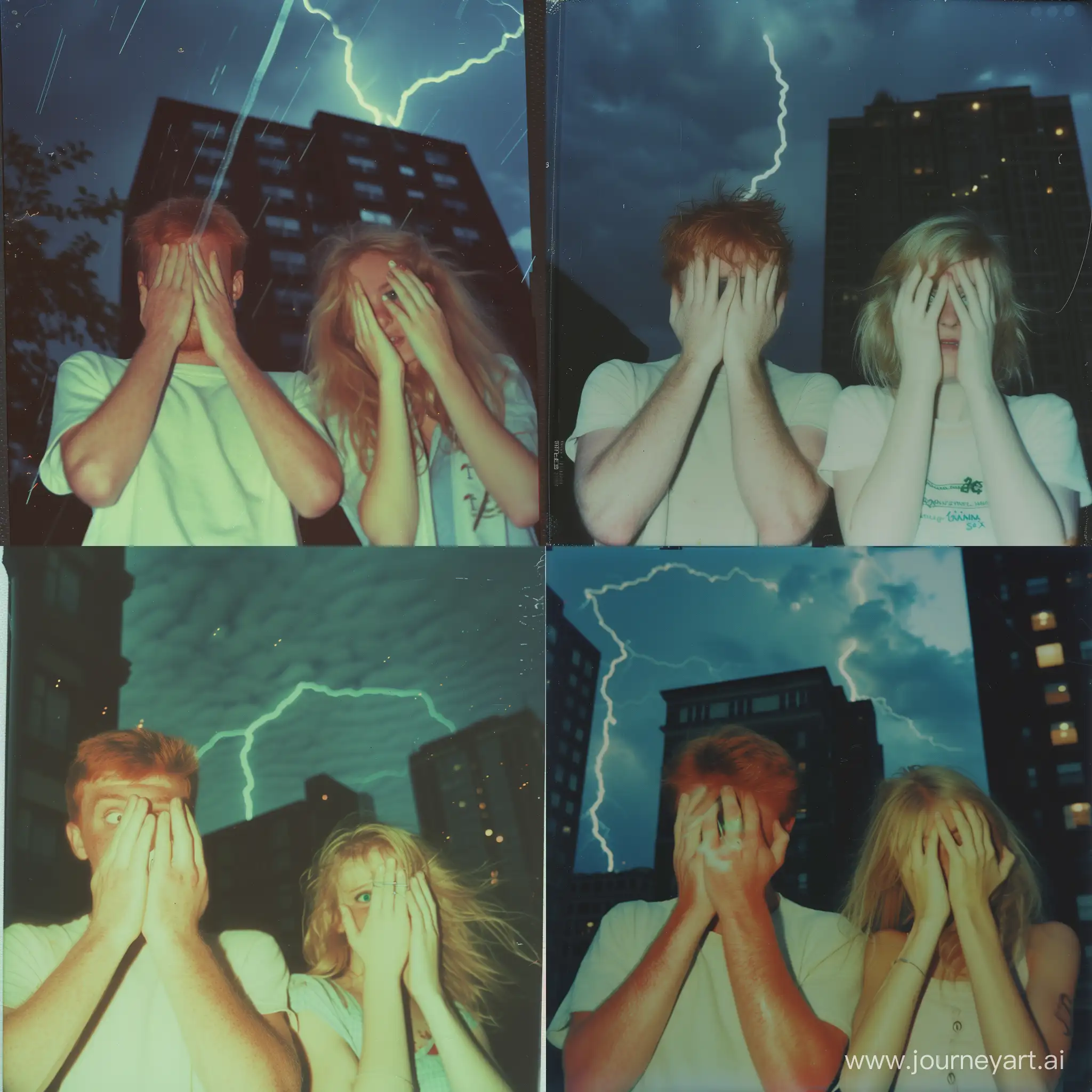 ultra-realitic photo, 16mm, grainy, night building urban scene, redhead man in cotton t-shirt and light-biege-blond girl, they are hiding faces with hands. she looks at the sky. we can see her green eyes. artifacts of film processing. photo from 90s. drammatic lightning in the sky. shot on Polaroid SX-70

