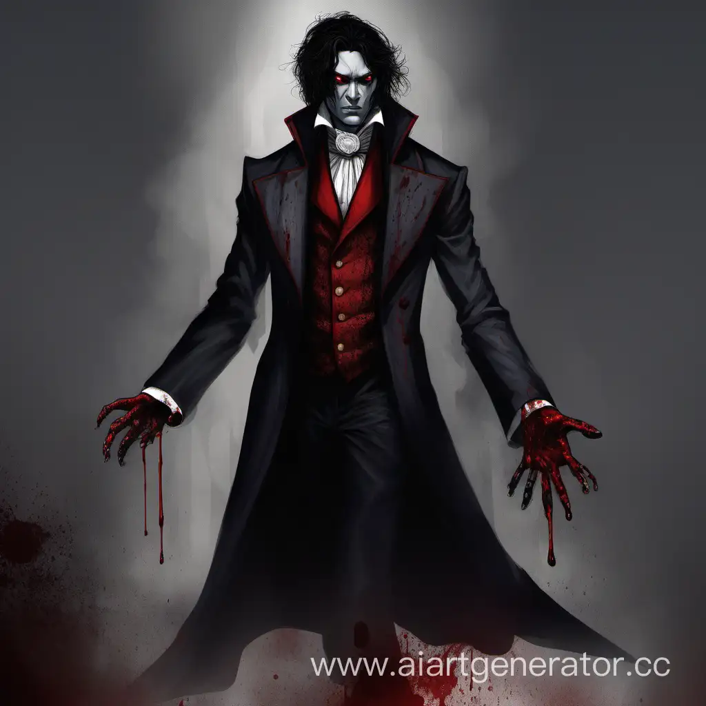 a man with dark gray skin, black hair and blood-red eyes dressed in a frock coat