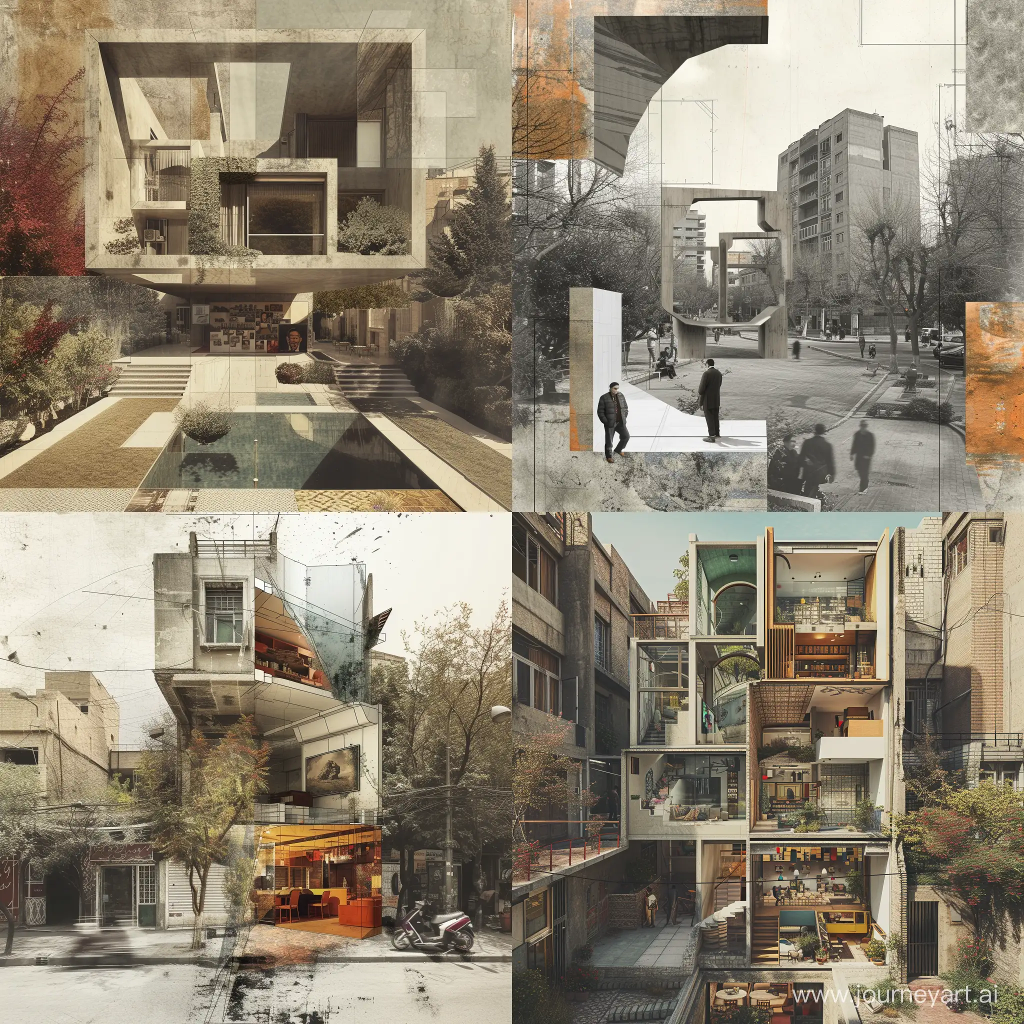 Make an architectural collage. Inside a real space in Tehran. The collage is completely imaginary, but the surrounding environment is completely real. This collage can be seen both in the design of a building and can be seen as an urban element.