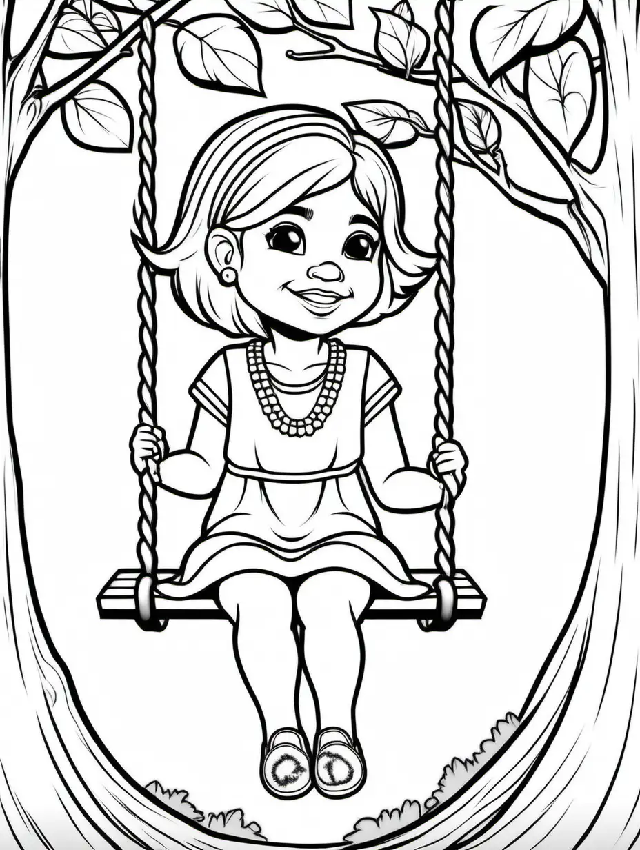 Simple coloring page of cute cartoon toddler indian girl with white hair swinging on a tree swing.  No color.  No shading.  Outlines only.  No dither.  Black & white lines only.  No gray.