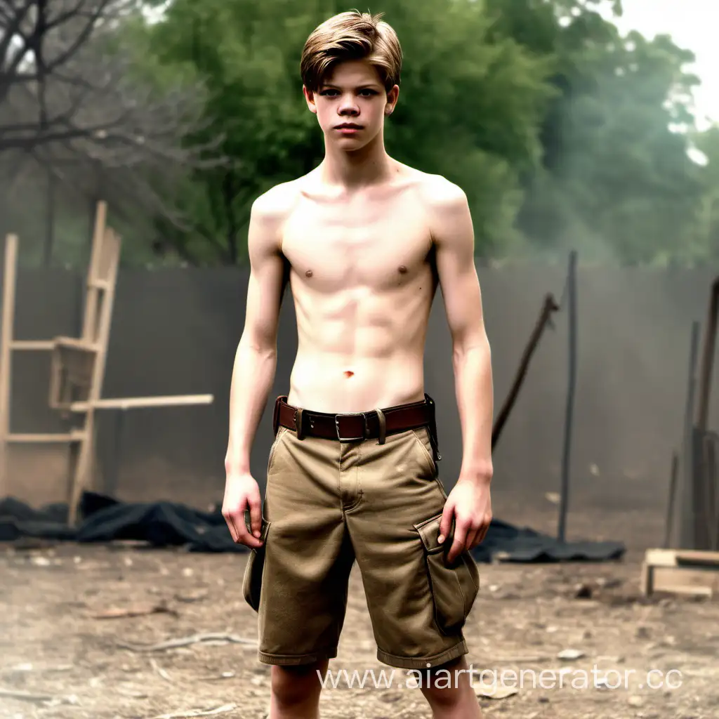 17 year old colin ford, war uniforms warzone, shirtless, shorts, in full length