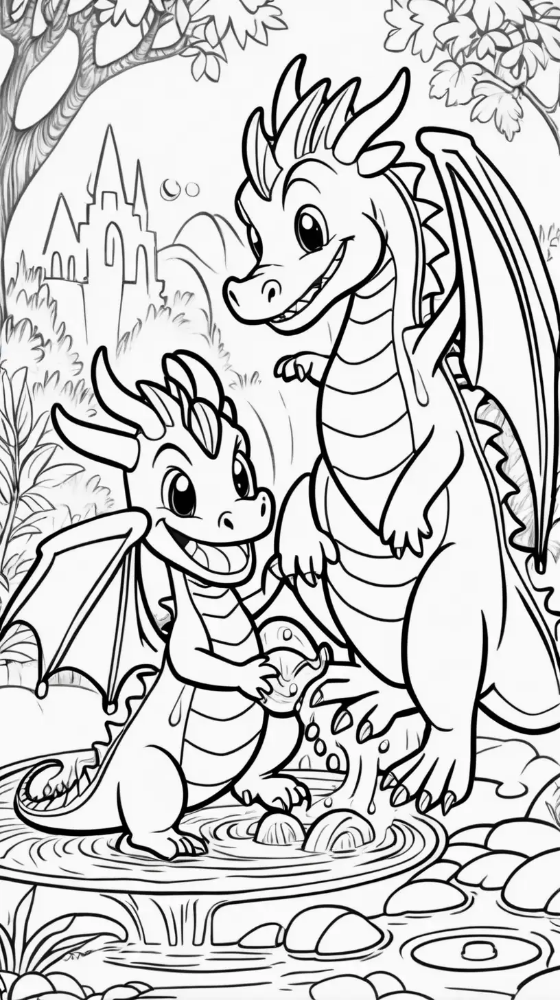 cute happy dragon learning to wash his hands in a magical stream with his dragon mom for coloring