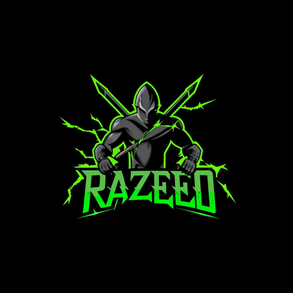 a logo design,with the text "Razeo", main symbol:a black guy with a dark blade with cracks on it and it comes out green aura,Moderate,be used in Entertainment industry,clear background