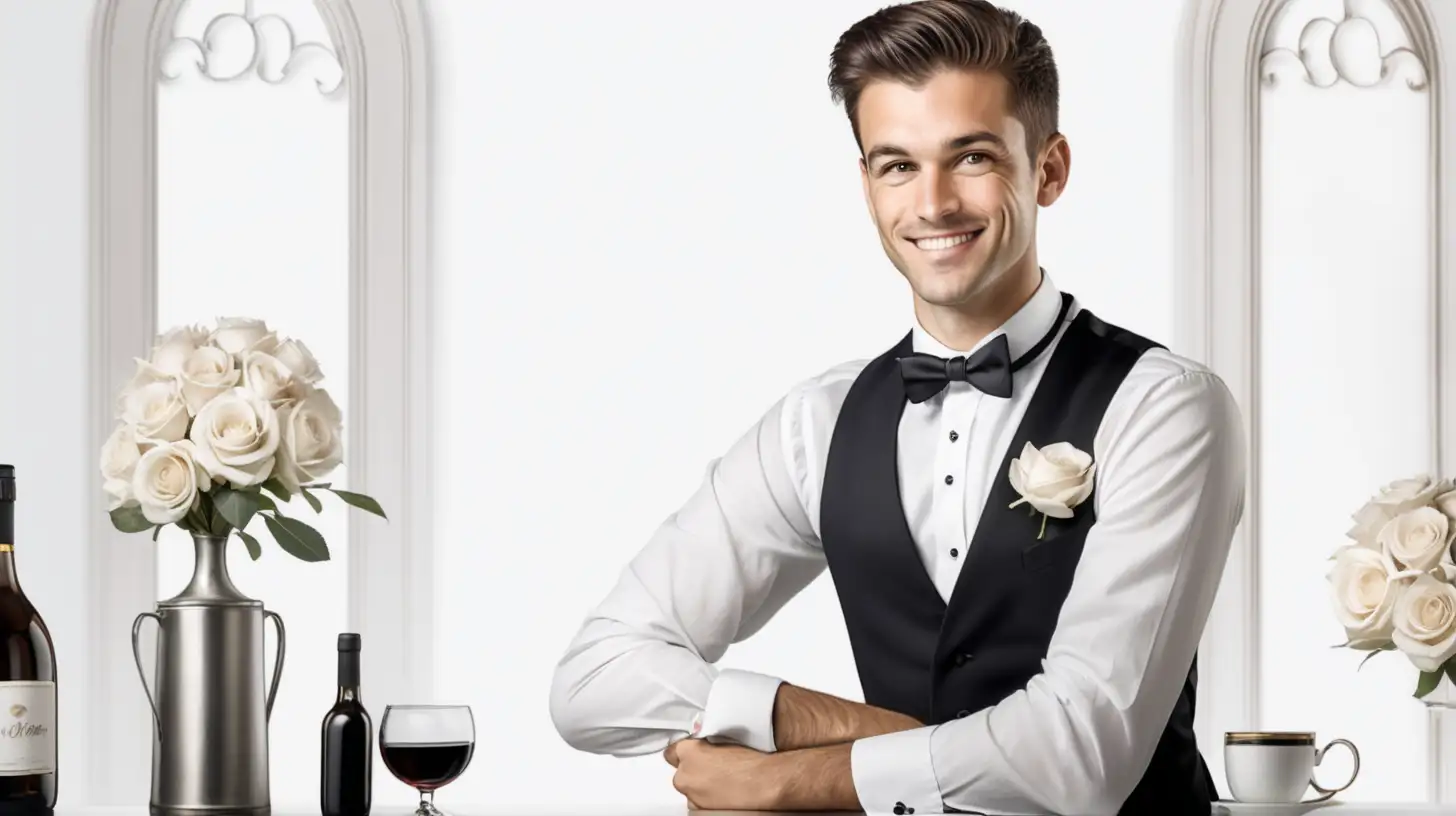 on a white background, a handsome thirty-year-old waiter in tuxedo stands next to an elegant table at caffe and smiles charmingly