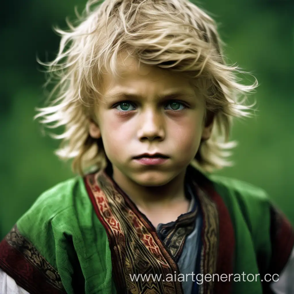Boy  with blond disheveled hair, short, green eyes, old Slavic clothes. 