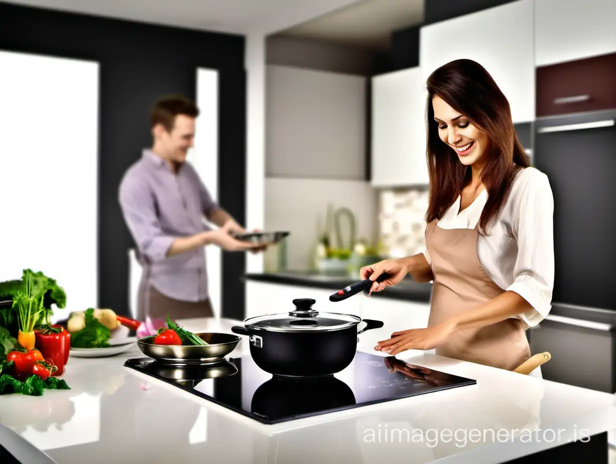 AN HAPPY HOUSEWIFE IS COOKING USING INDUCTION HOB