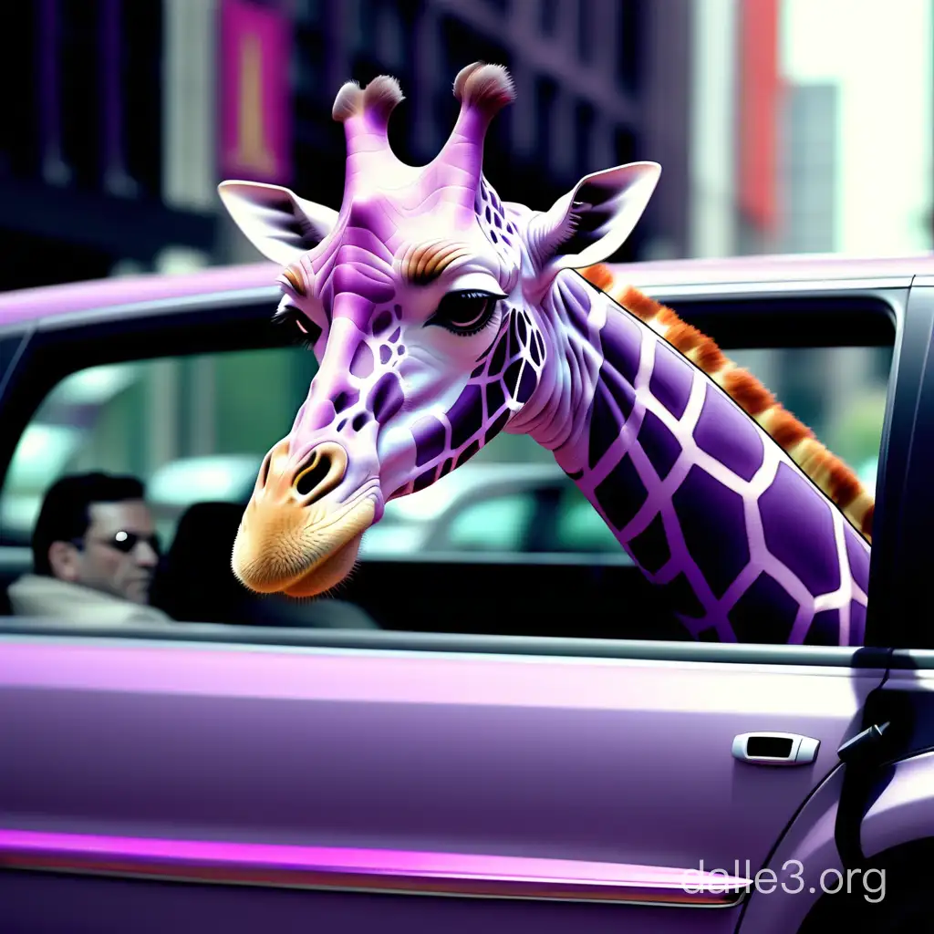 a purple giraffe, who drives a limousine