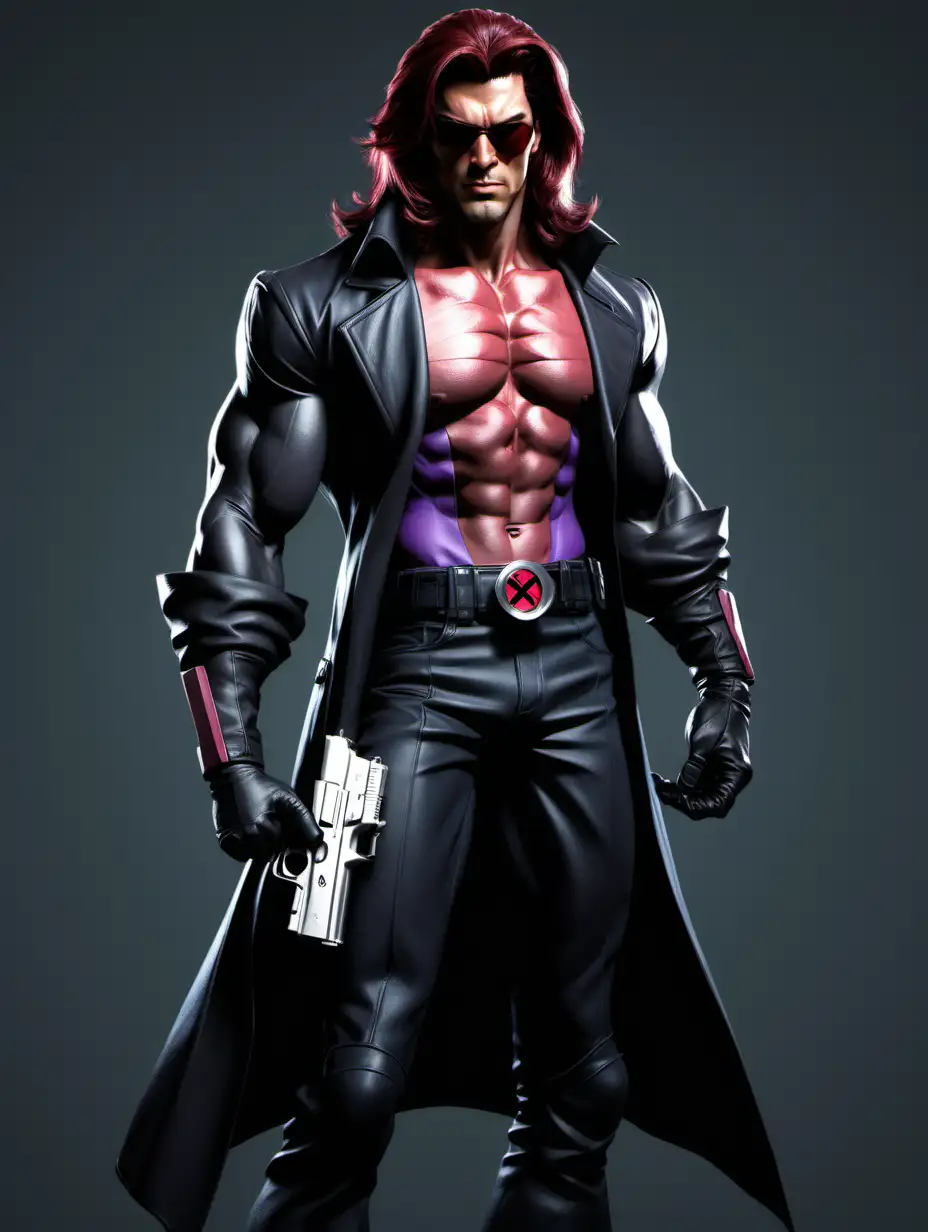 Gambit from X-men. very muscular. very long hair hanging off the shoulders. stubble. swagger. black longjohn shirt with the sleeves rolled up to the elbows. compressed shirt. dark red sunglasses. looking serious. gripping a gun. tight fitted shirt showcasing his muscular body shape. badge/emblem on upper left pectoral. full body. wide shot. art by Neohou