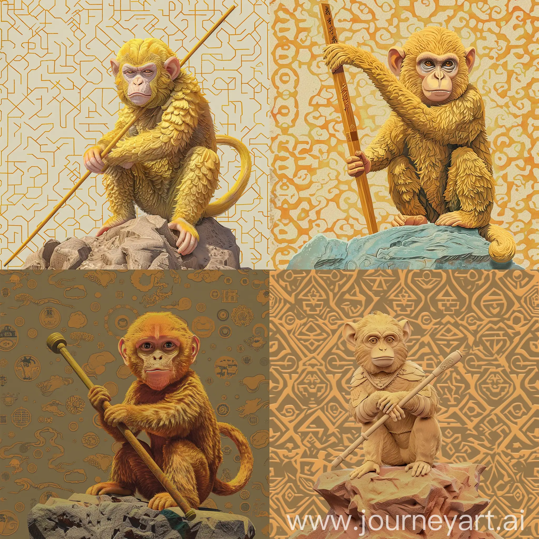 pastel Color,Pastel painting,cool,best quality,ultra detailed,pop,woodcut,24k,panorama,furry,Anthro,Golden snub-nosed monkey sitting on a rock wielding a long stick, Features: (The face of Peking opera, dignified ), Chinese Pattern Background,in Kōhei Horikoshi style, Chinese ink painting,Solid pastel background, anime style, flat style,Bold outline;; monkey face