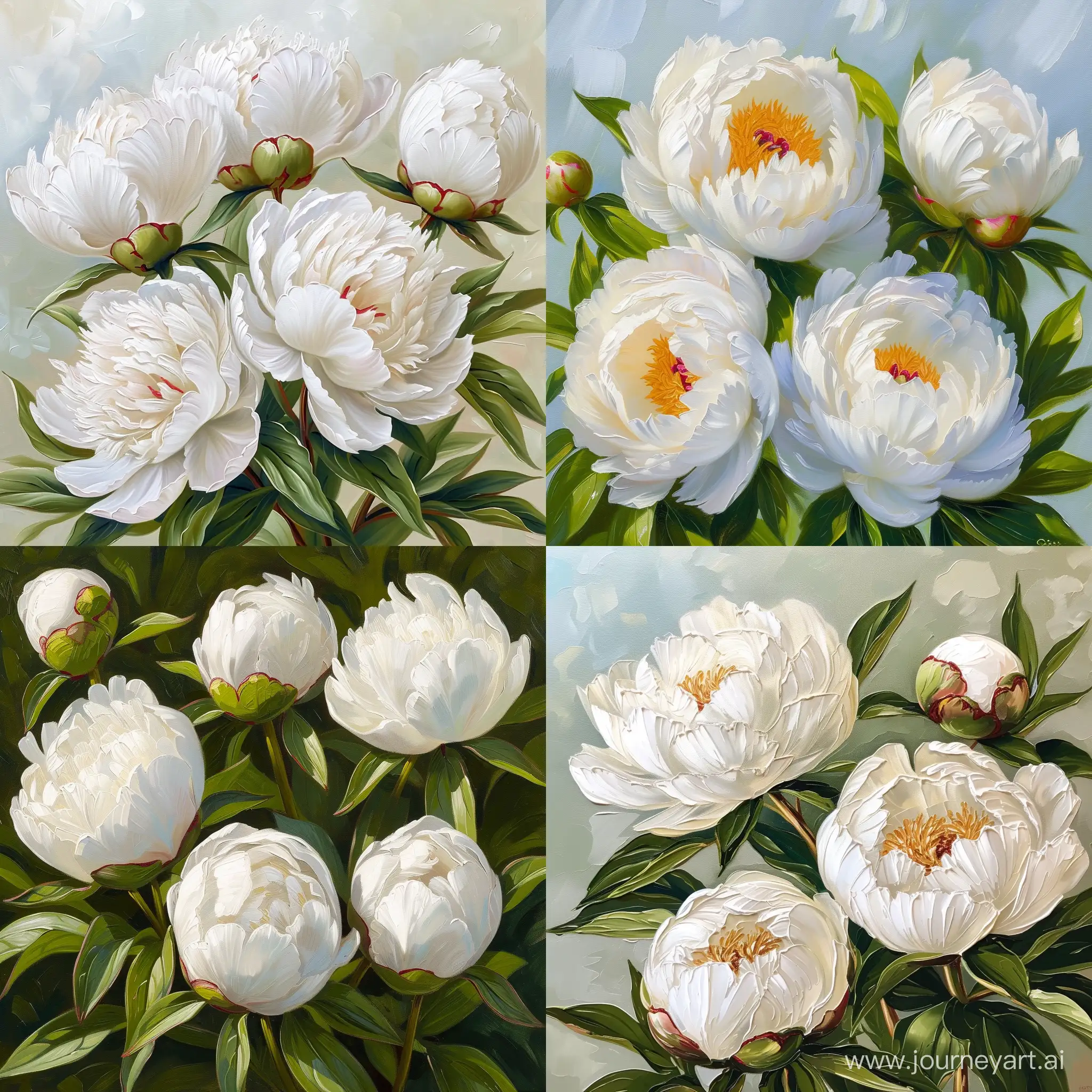 Elegant-Oil-Painting-of-Five-White-Peony-Flowers-with-Green-Leaves