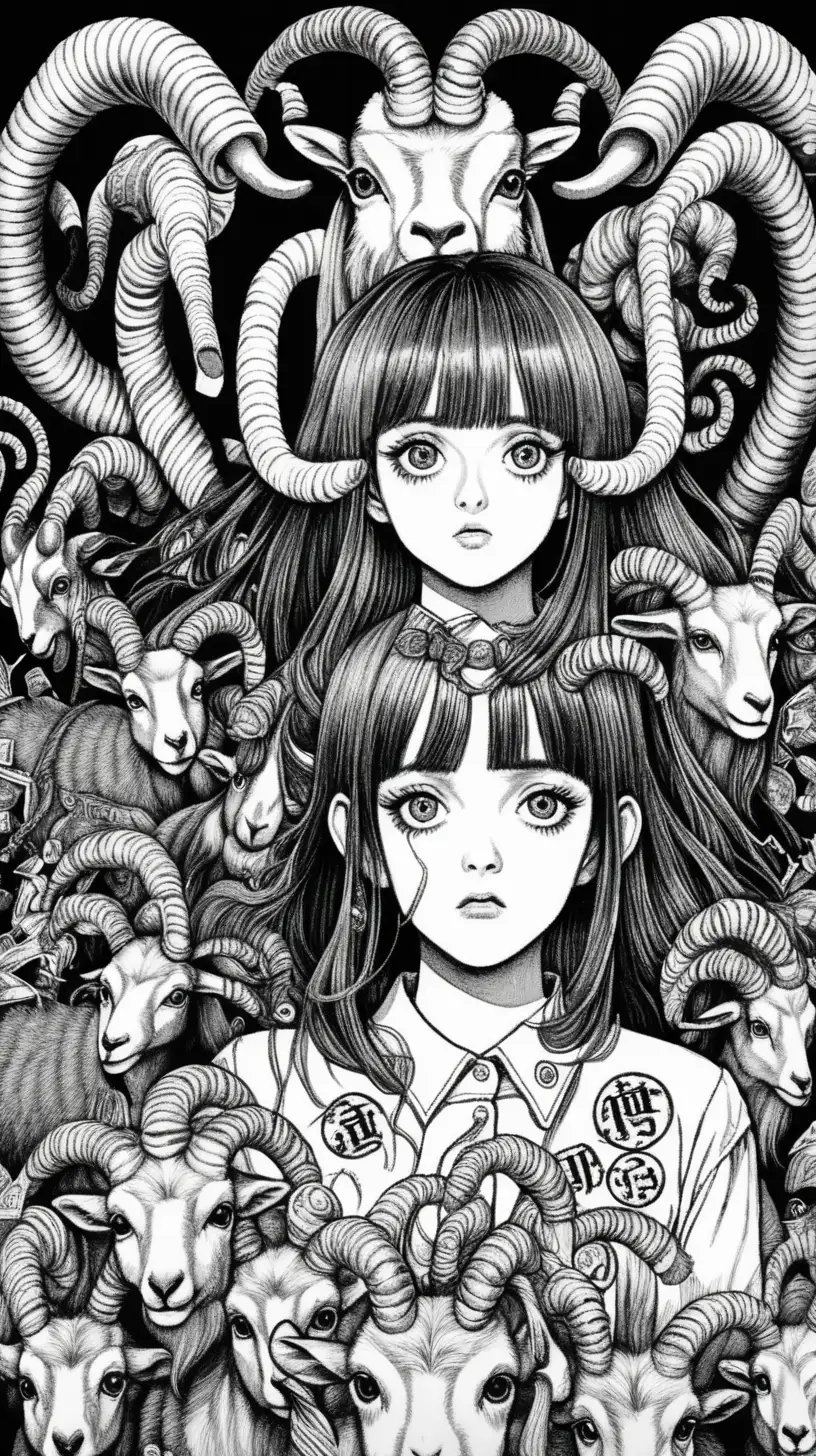 {best quality} line work, black and white, key visual junji, key visual kentaro Miura, horror, psychedelic, Capricorn zodiac sign theme, woman surrounded by money, woman has goat horns 


