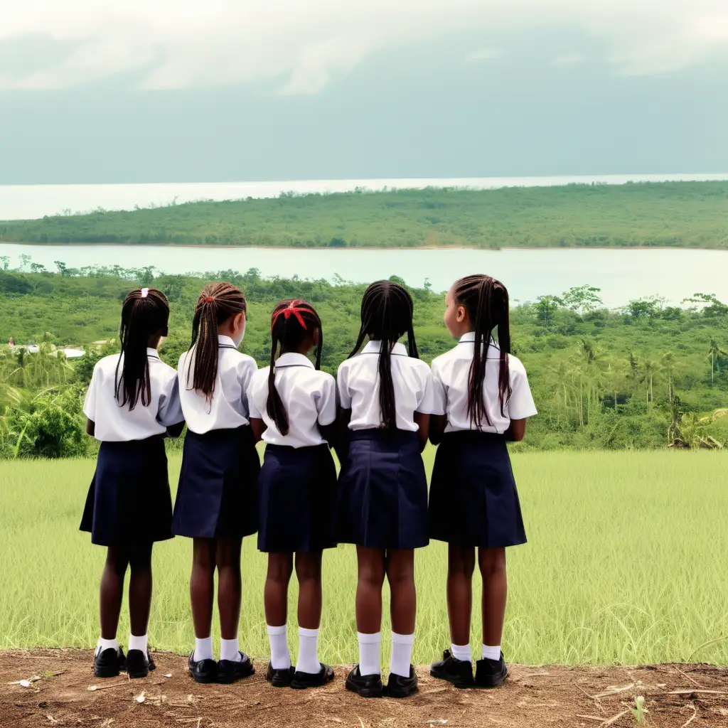 A group of seven very light skinned young girls in Jamaica all in school uniform looking at a lake in the distance in an opened field from afar. 