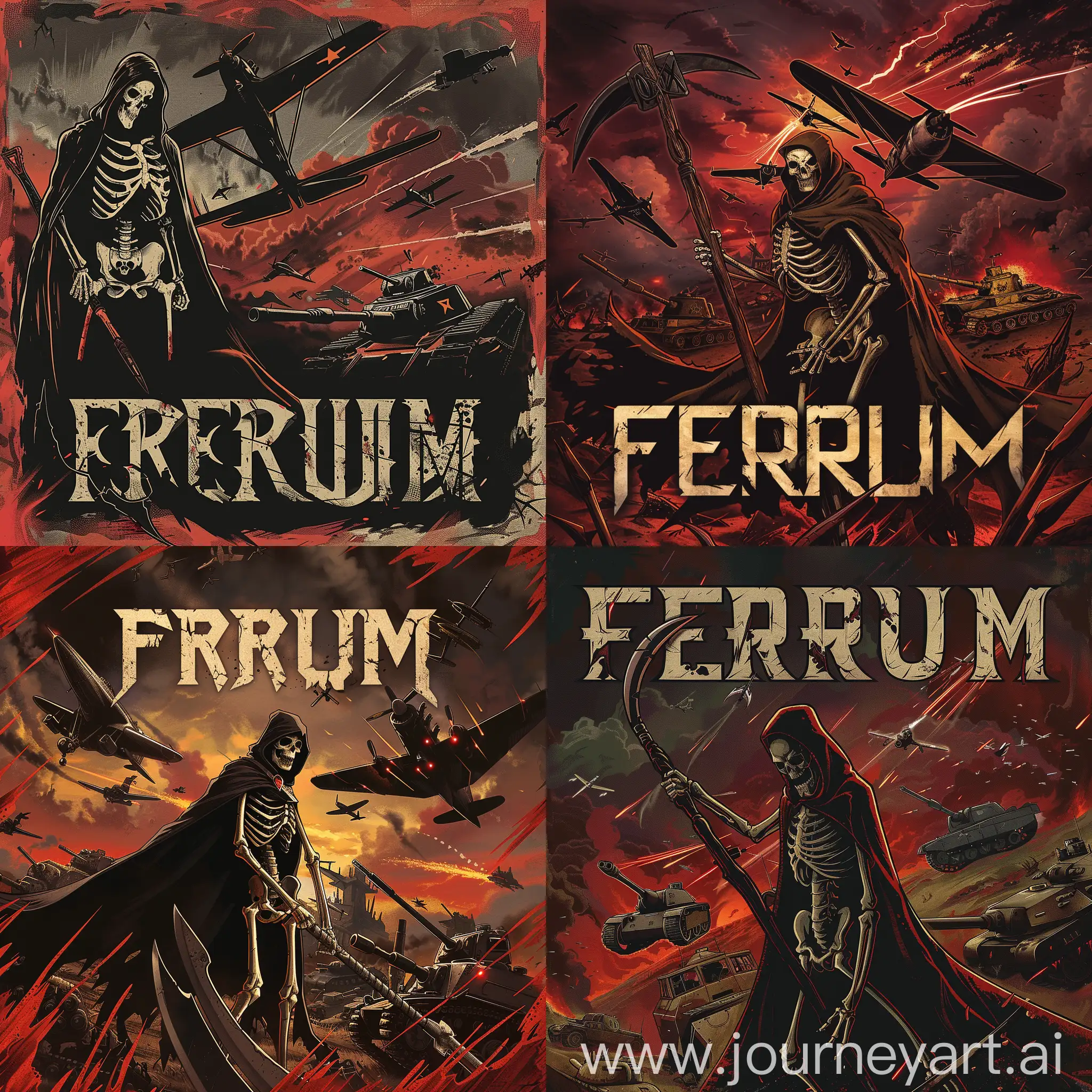 Логотип для полка в игре , на заднем фоне скелет в мантии с косой и адские танки и самолеты , на переднем плане надпись FERUM с подтеками, много мрака темных оттенков и красных
